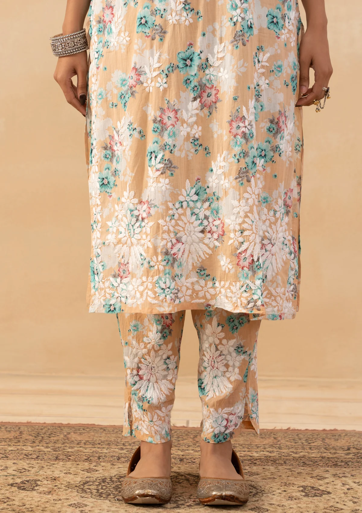 HOC Mulmul Chikankari Printed Women's 2 PC Long Kurta Set - Orange - Image 7