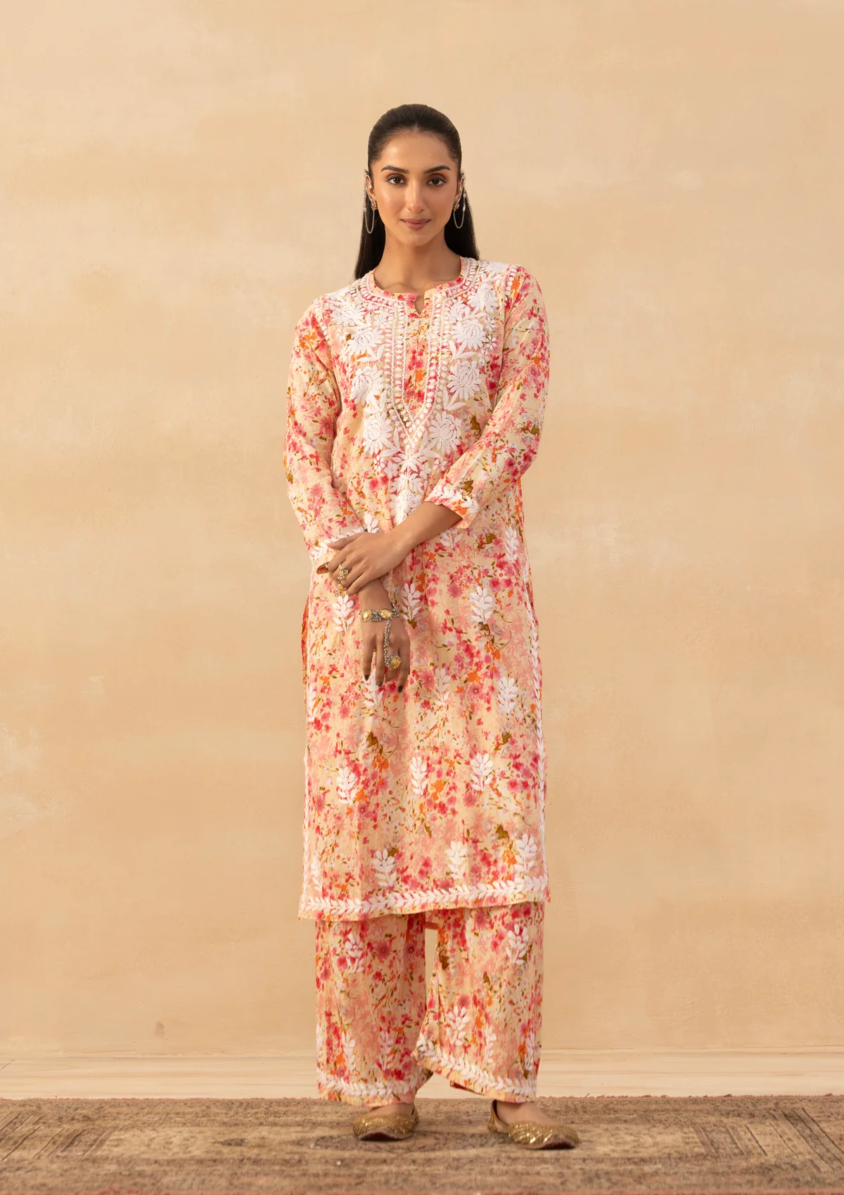 HOC Mulmul Chikankari Printed Women's 2 PC Long Kurta Set - Peach