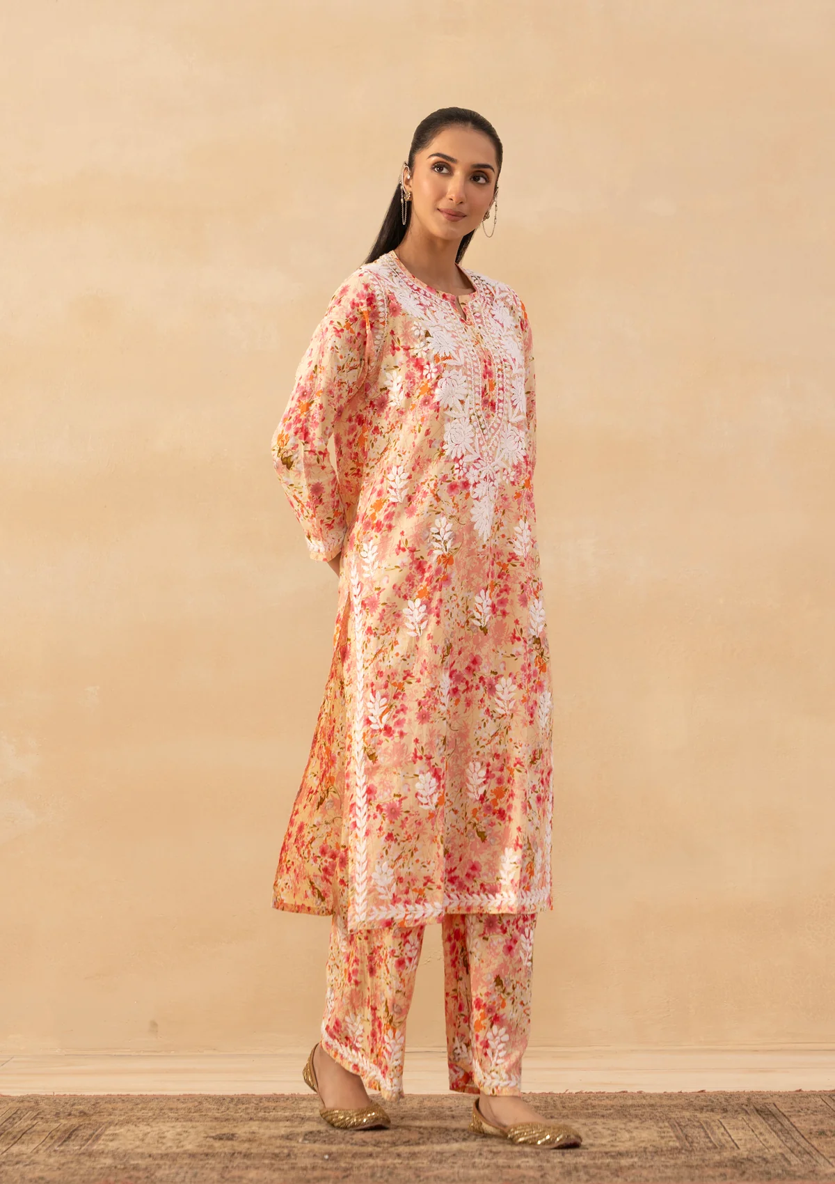 HOC Mulmul Chikankari Printed Women's 2 PC Long Kurta Set - Peach - Image 3