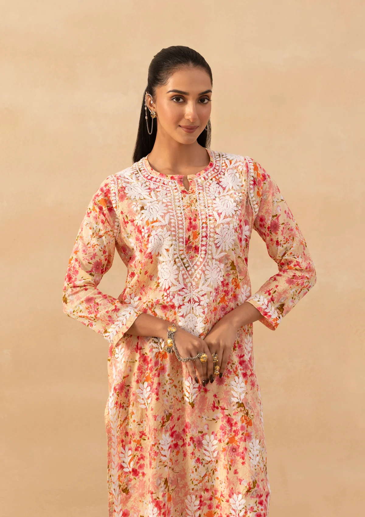 HOC Mulmul Chikankari Printed Women's 2 PC Long Kurta Set - Peach - Image 4