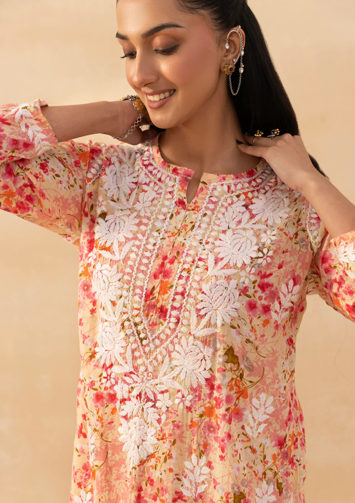 HOC Mulmul Chikankari Printed Women's 2 PC Long Kurta Set - Peach - Image 6