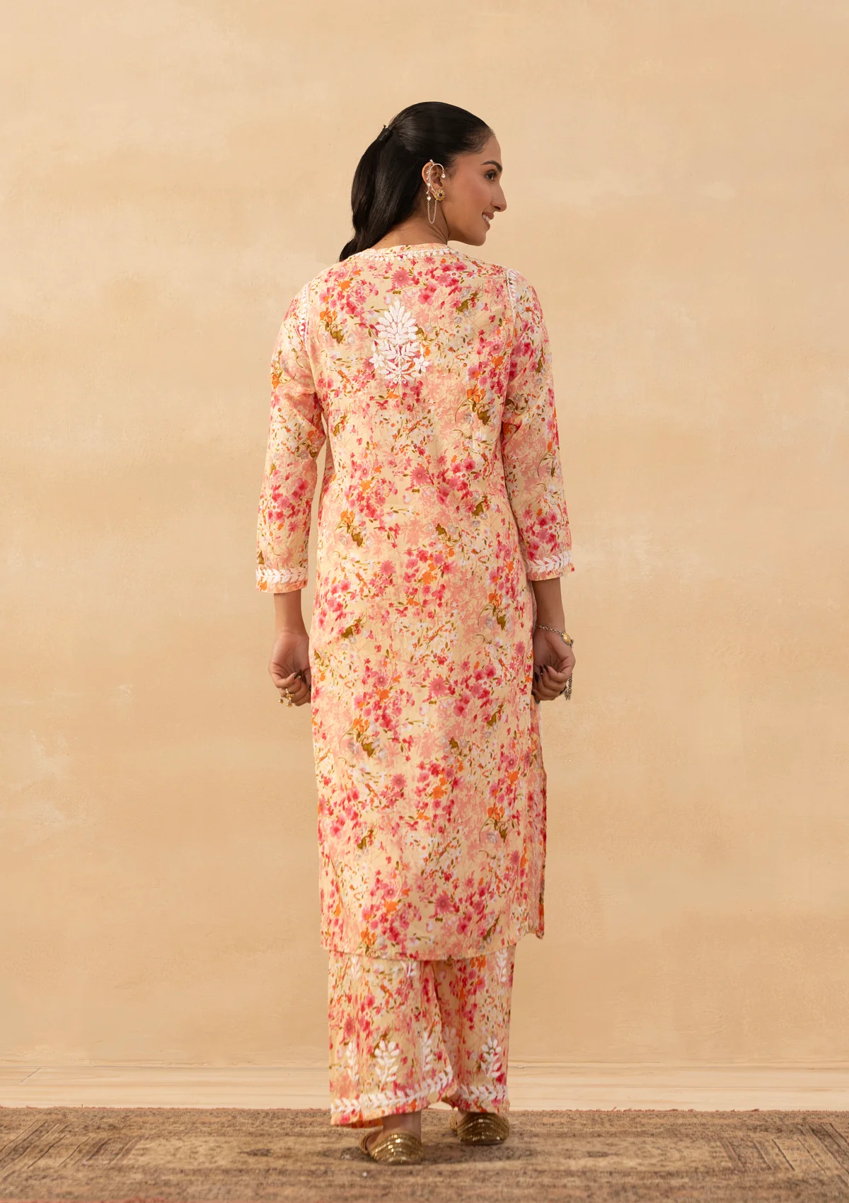 HOC Mulmul Chikankari Printed Women's 2 PC Long Kurta Set - Peach - Image 7