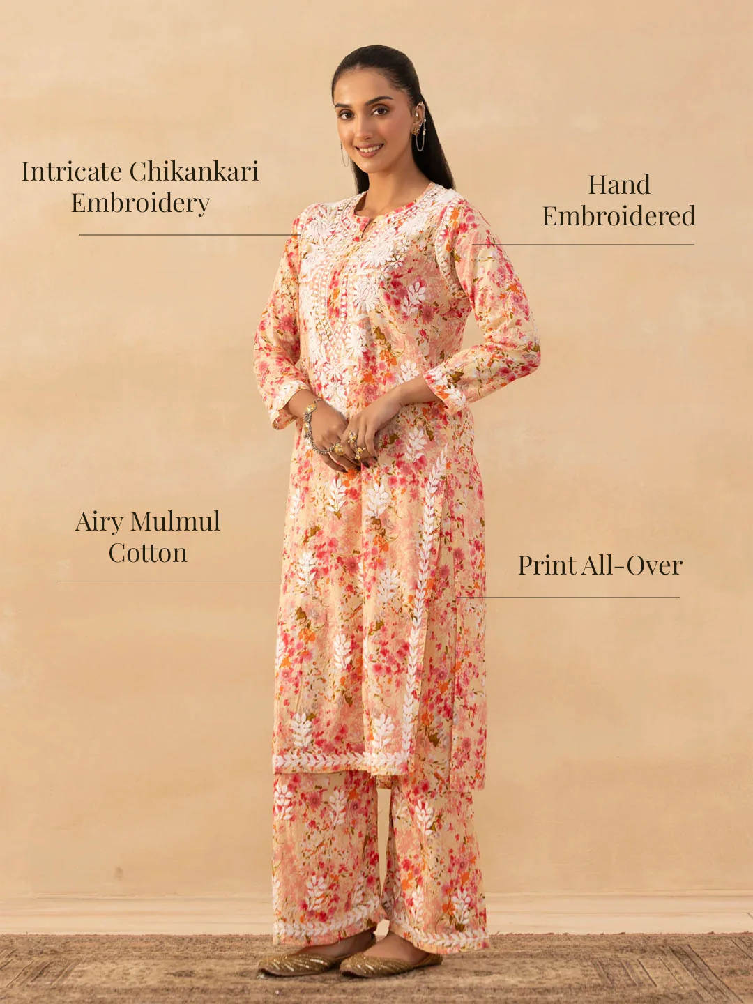 HOC Mulmul Chikankari Printed Women's 2 PC Long Kurta Set - Peach - Image 8