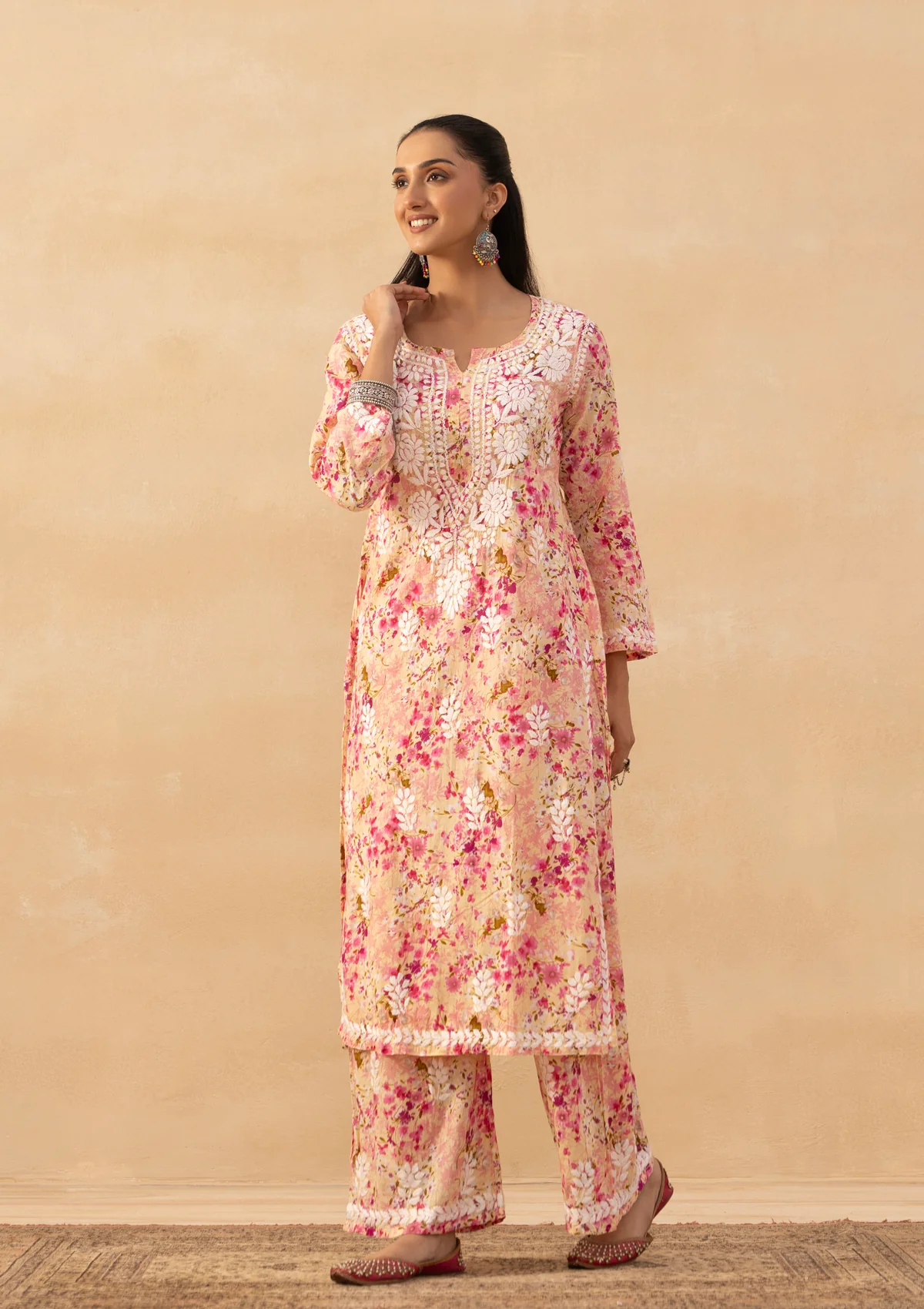 HOC Mulmul Chikankari Printed Women's 2 PC Long Kurta Set - Pink - Image 5