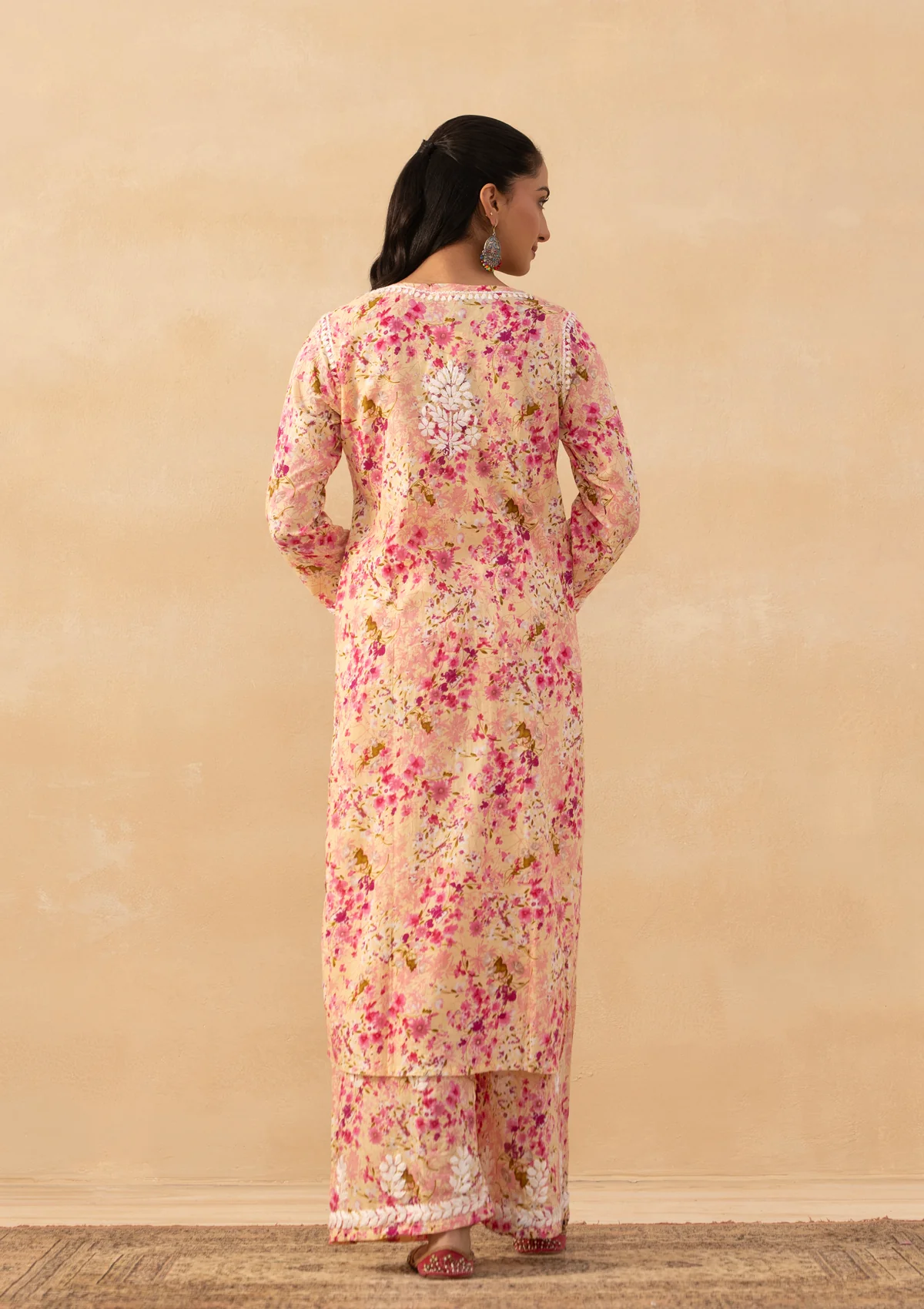 HOC Mulmul Chikankari Printed Women's 2 PC Long Kurta Set - Pink - Image 6