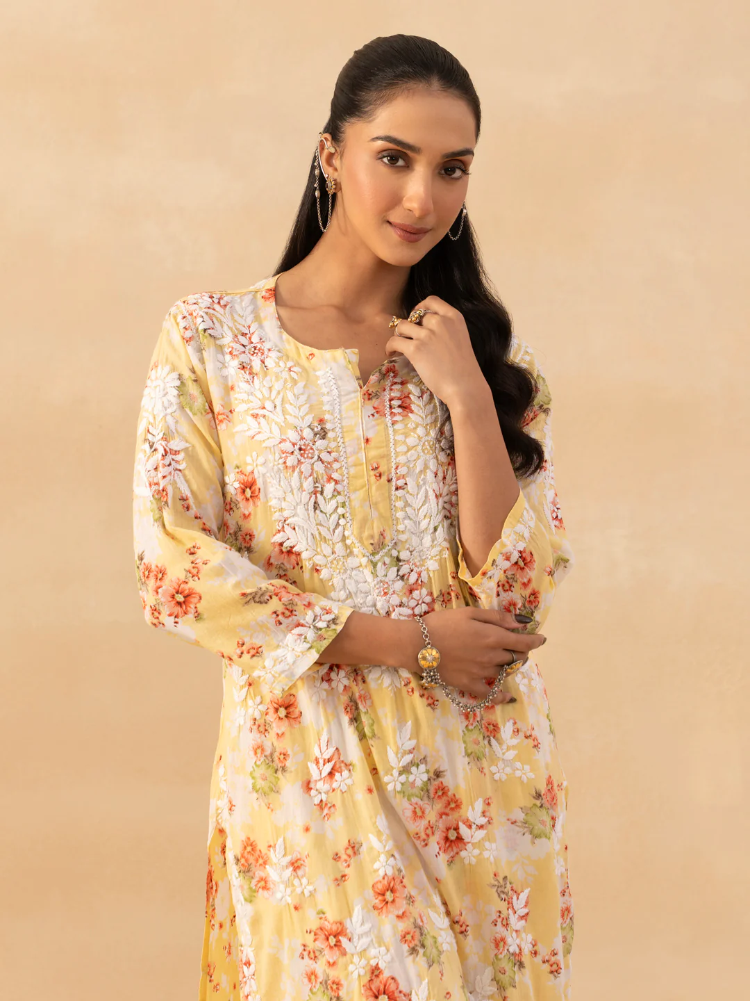HOC Mulmul Chikankari Printed Women's 2 PC Long Kurta Set - Yellow - Image 2