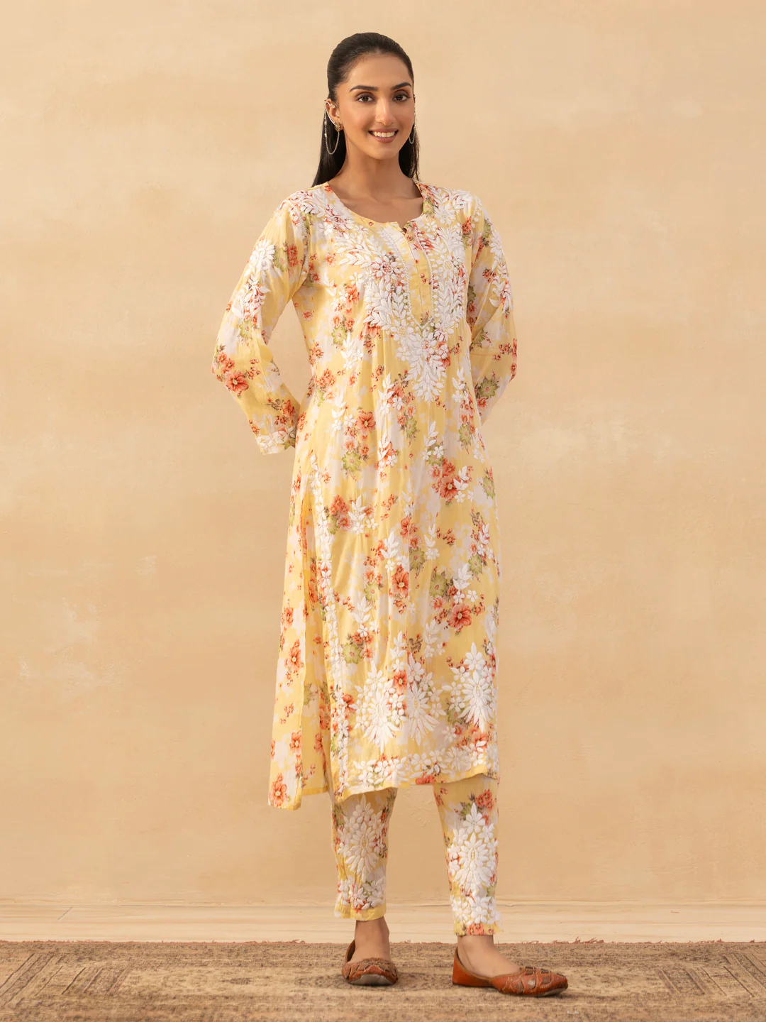 HOC Mulmul Chikankari Printed Women's 2 PC Long Kurta Set - Yellow - Image 4
