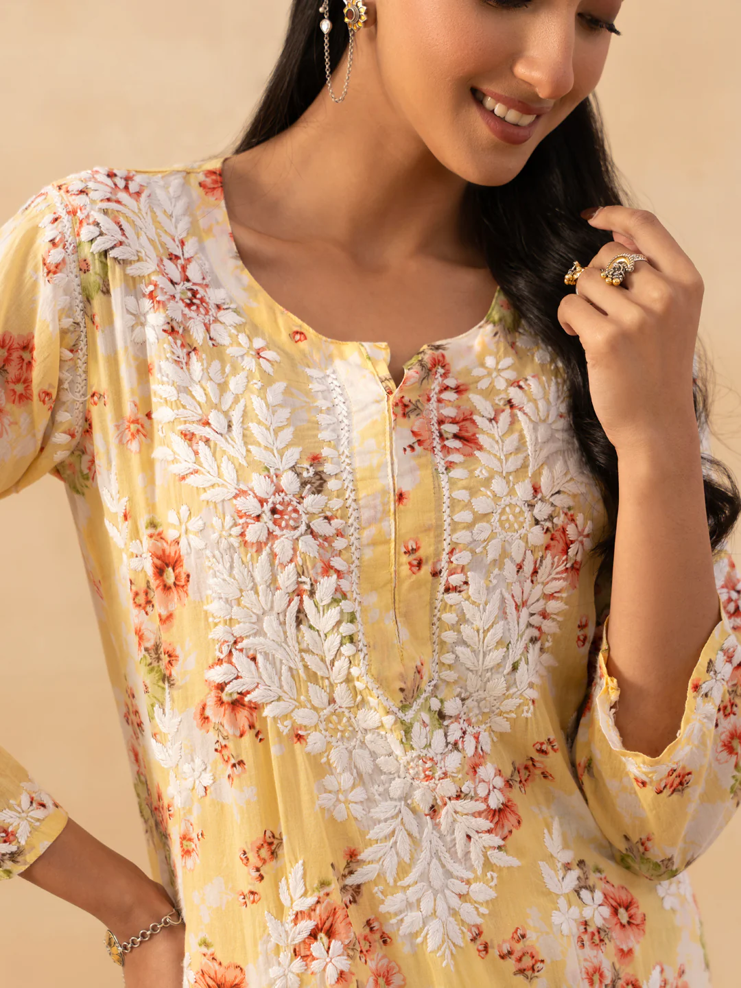 HOC Mulmul Chikankari Printed Women's 2 PC Long Kurta Set - Yellow - Image 5