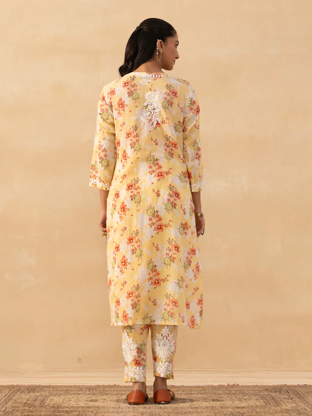 HOC Mulmul Chikankari Printed Women's 2 PC Long Kurta Set - Yellow - Image 6