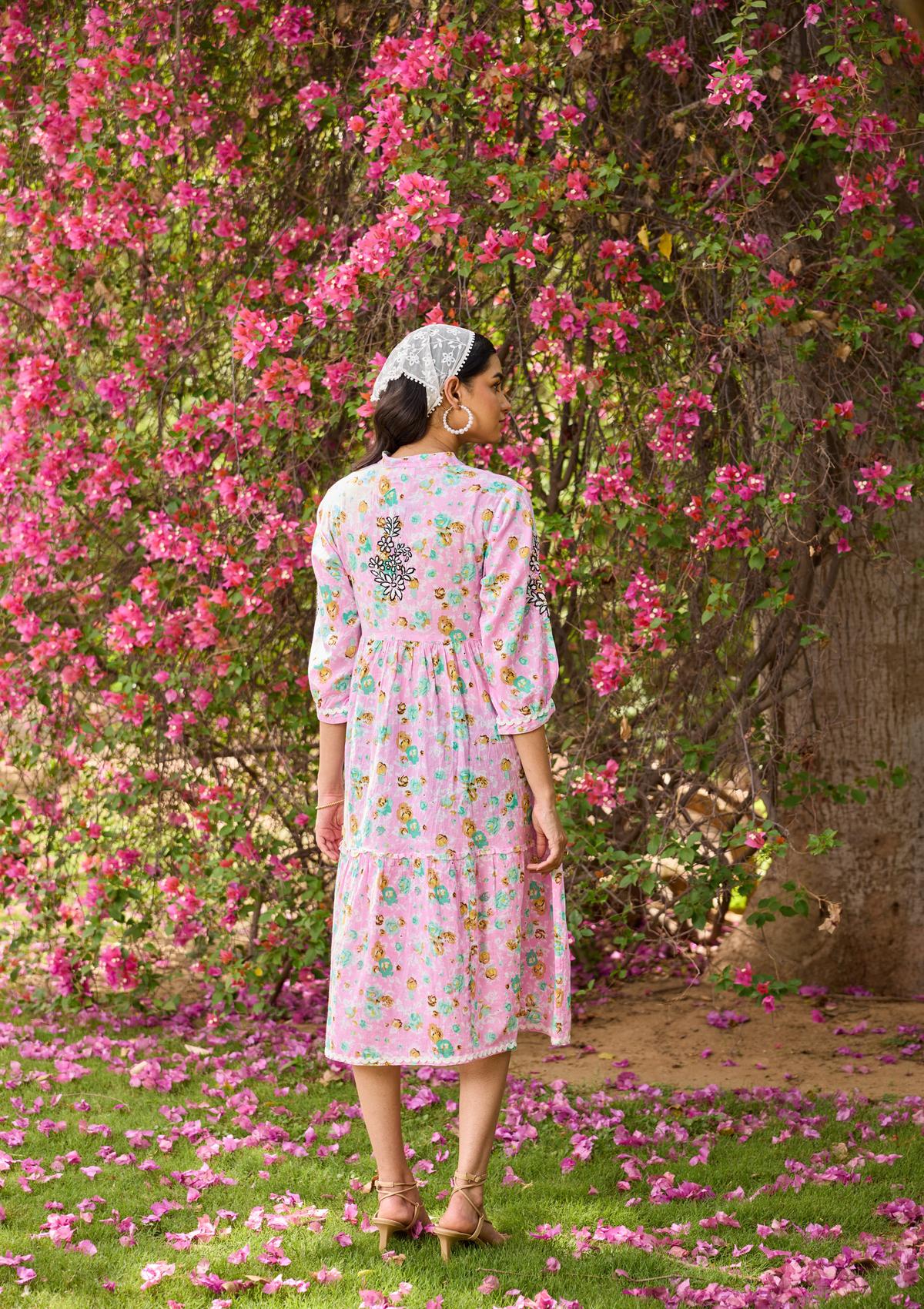HOC Mulmul Chikankari Printed Women's Long Dress - Pink - Image 5