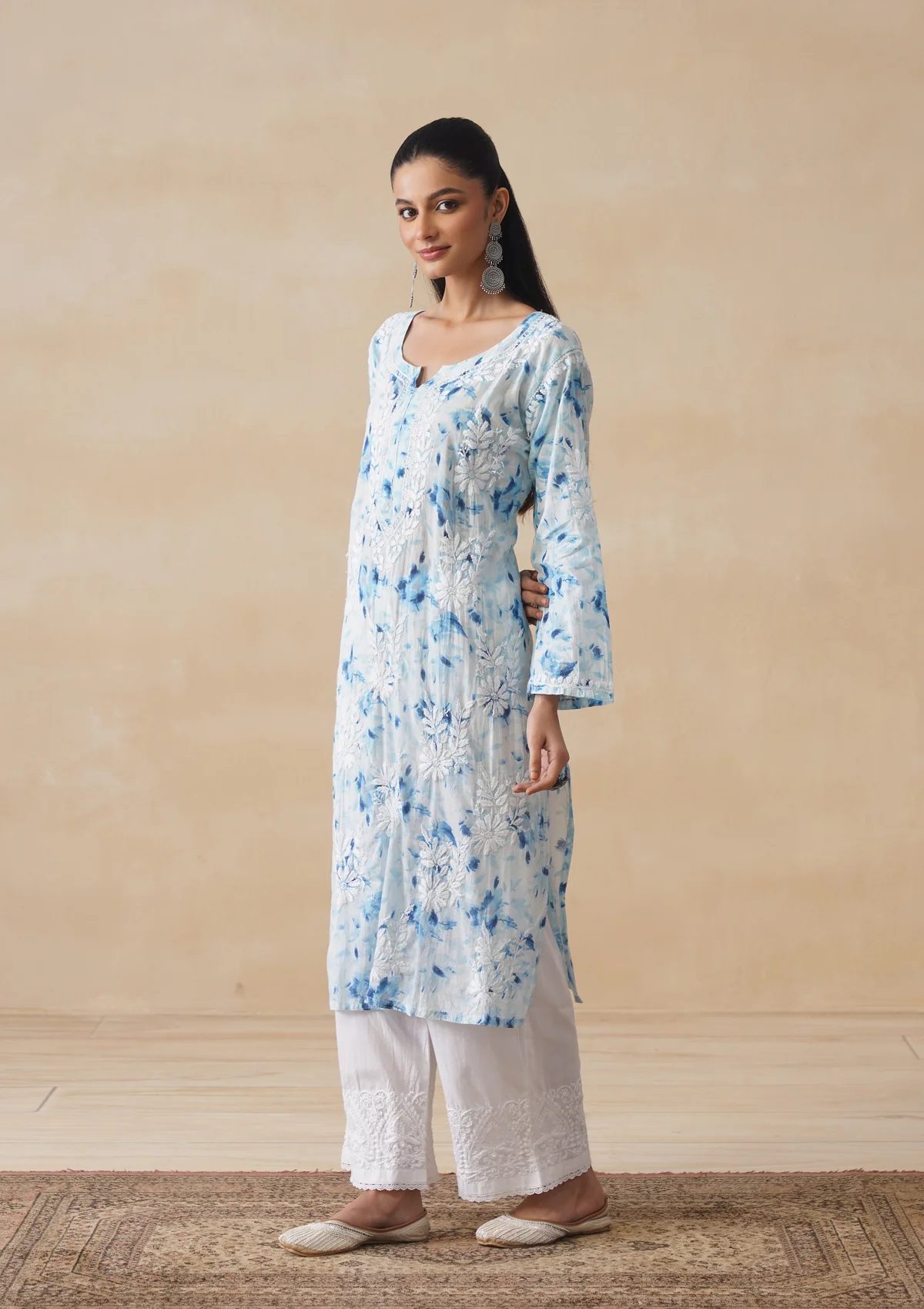 HOC Mulmul Chikankari Printed Women's Long Kurta - Blue - Image 3