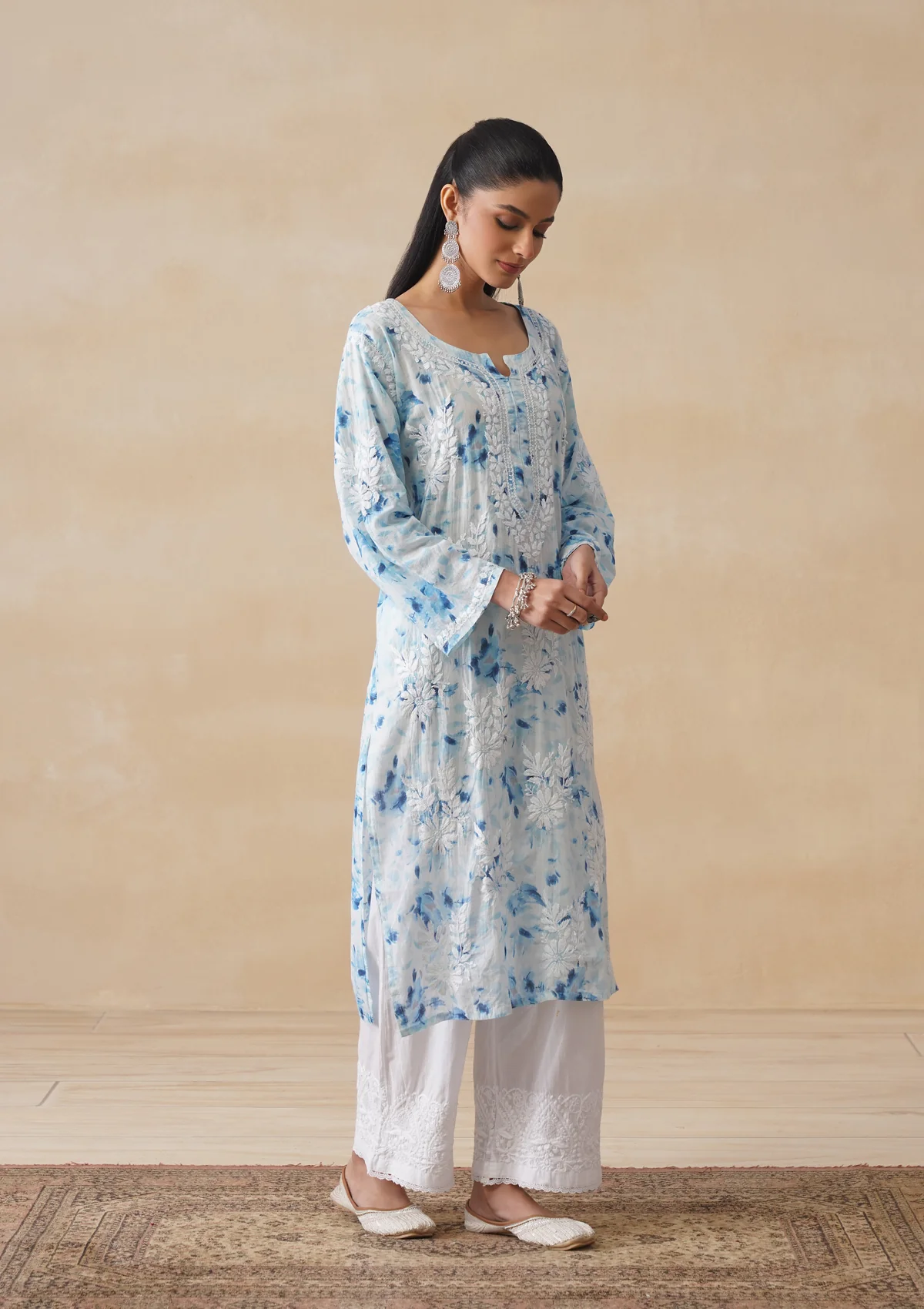 HOC Mulmul Chikankari Printed Women's Long Kurta - Blue - Image 6