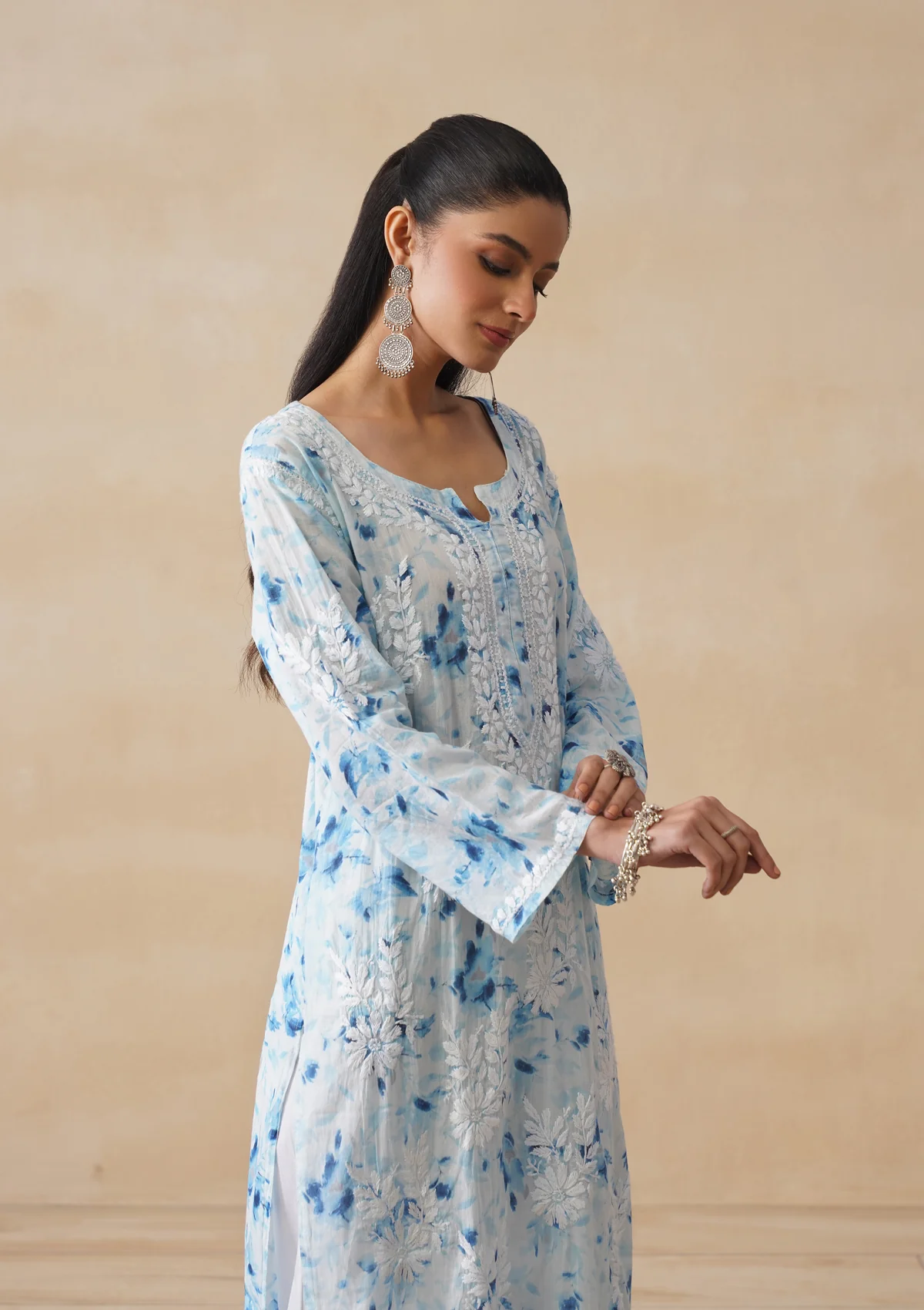 HOC Mulmul Chikankari Printed Women's Long Kurta - Blue - Image 7