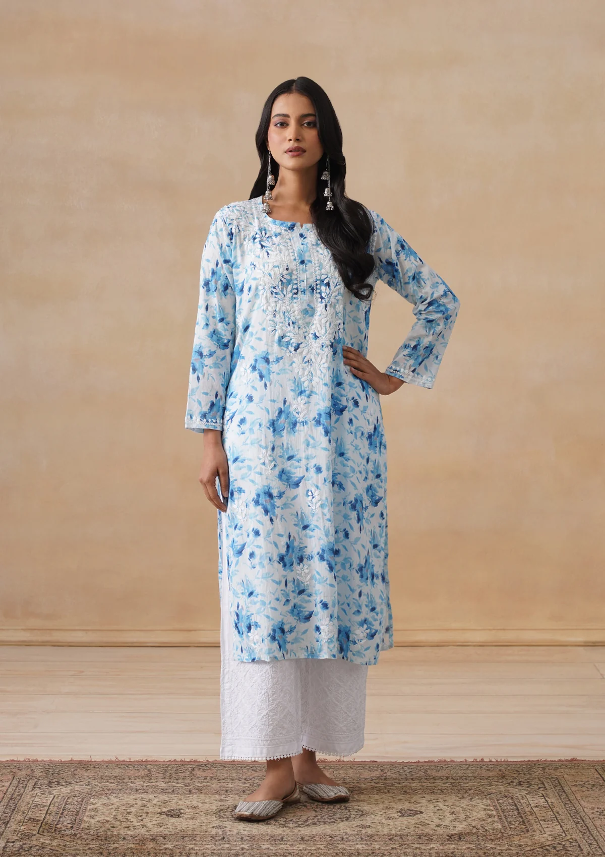 HOC Mulmul Chikankari Printed Women's Long Kurta - Blue