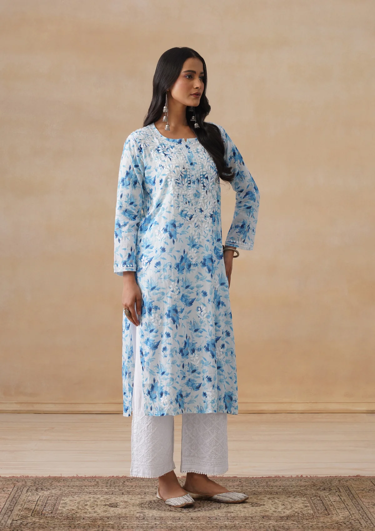 HOC Mulmul Chikankari Printed Women's Long Kurta - Blue - Image 6