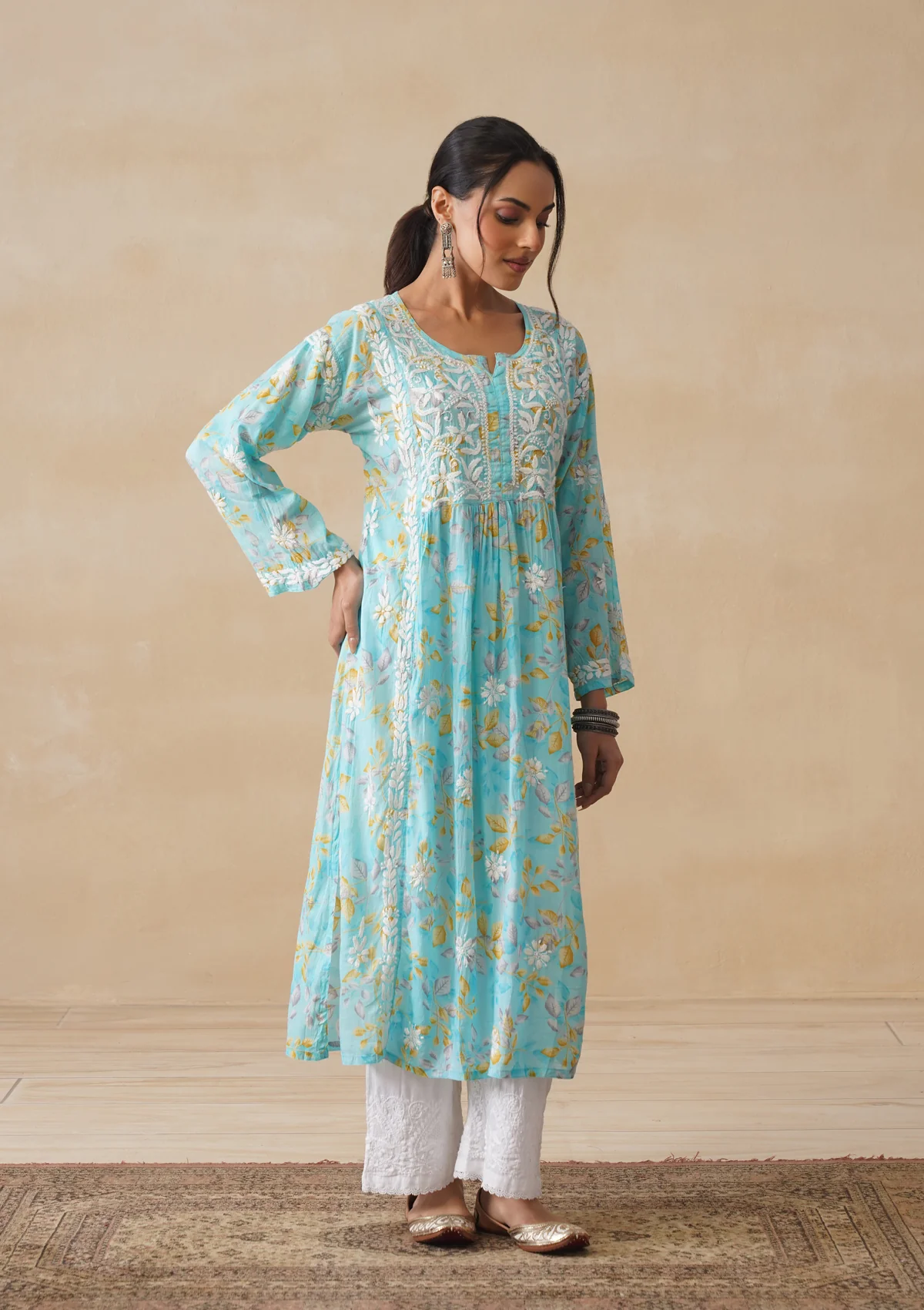 HOC Mulmul Chikankari Printed Women's Long Kurta - Blue - Image 6