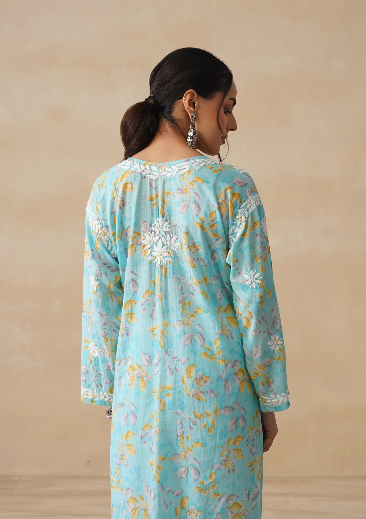 HOC Mulmul Chikankari Printed Women's Long Kurta - Blue - Image 9