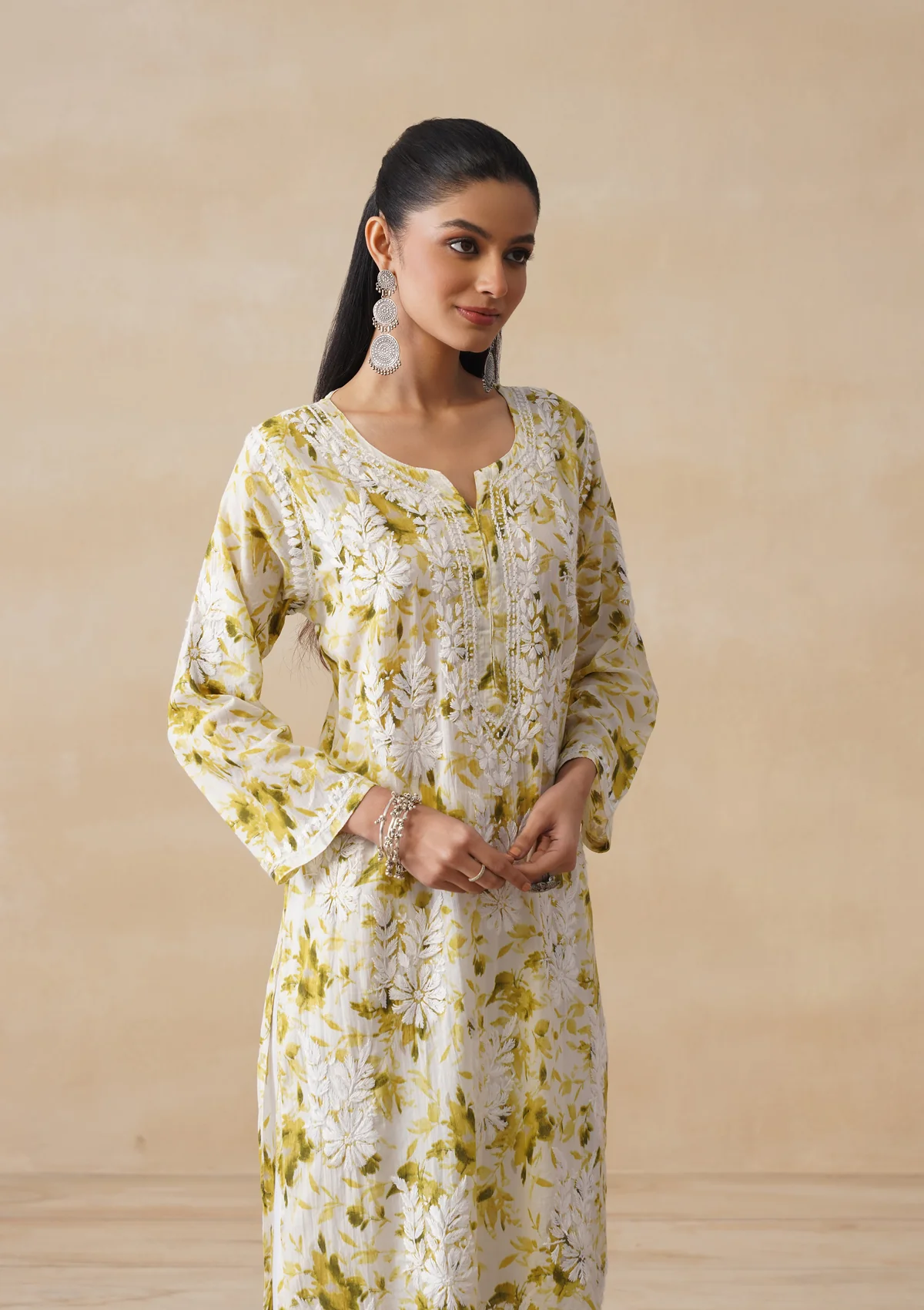 HOC Mulmul Chikankari Printed Women's Long Kurta - Green - Image 2