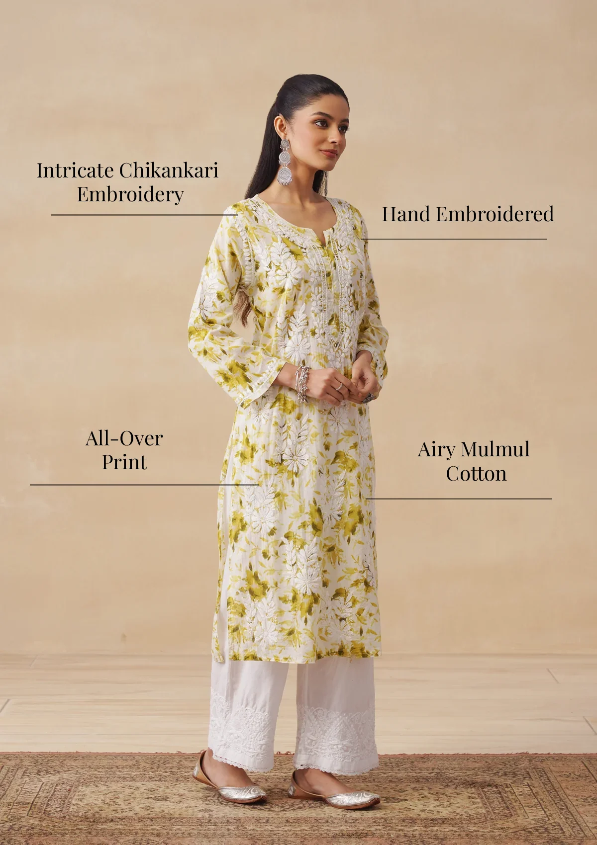 HOC Mulmul Chikankari Printed Women's Long Kurta - Green - Image 9