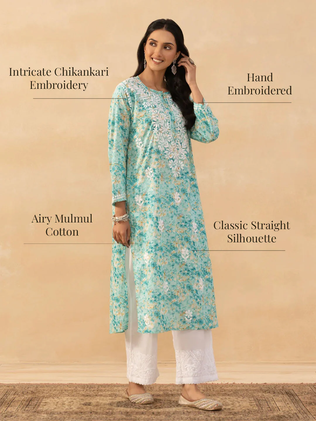 HOC Mulmul Chikankari Printed Women's Long Kurta - Green - Image 7