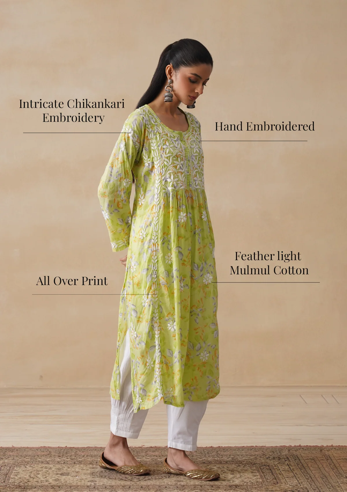 HOC Mulmul Chikankari Printed Women's Long Kurta - Light Green - Image 10