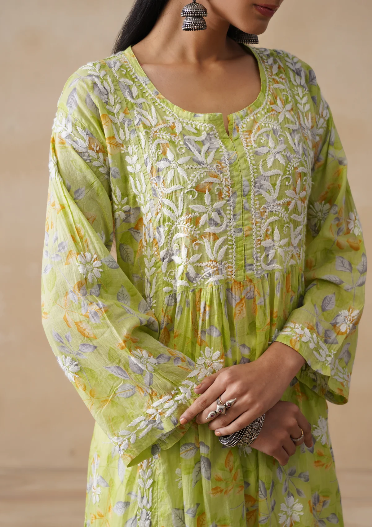 HOC Mulmul Chikankari Printed Women's Long Kurta - Light Green - Image 5