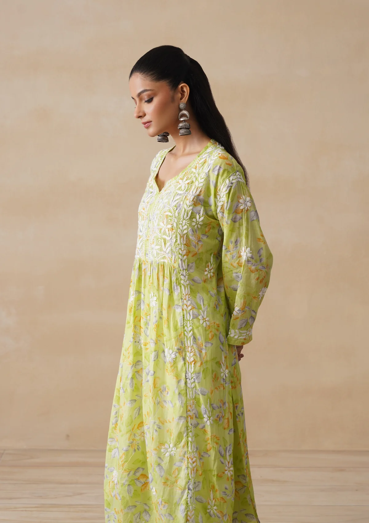 HOC Mulmul Chikankari Printed Women's Long Kurta - Light Green - Image 6