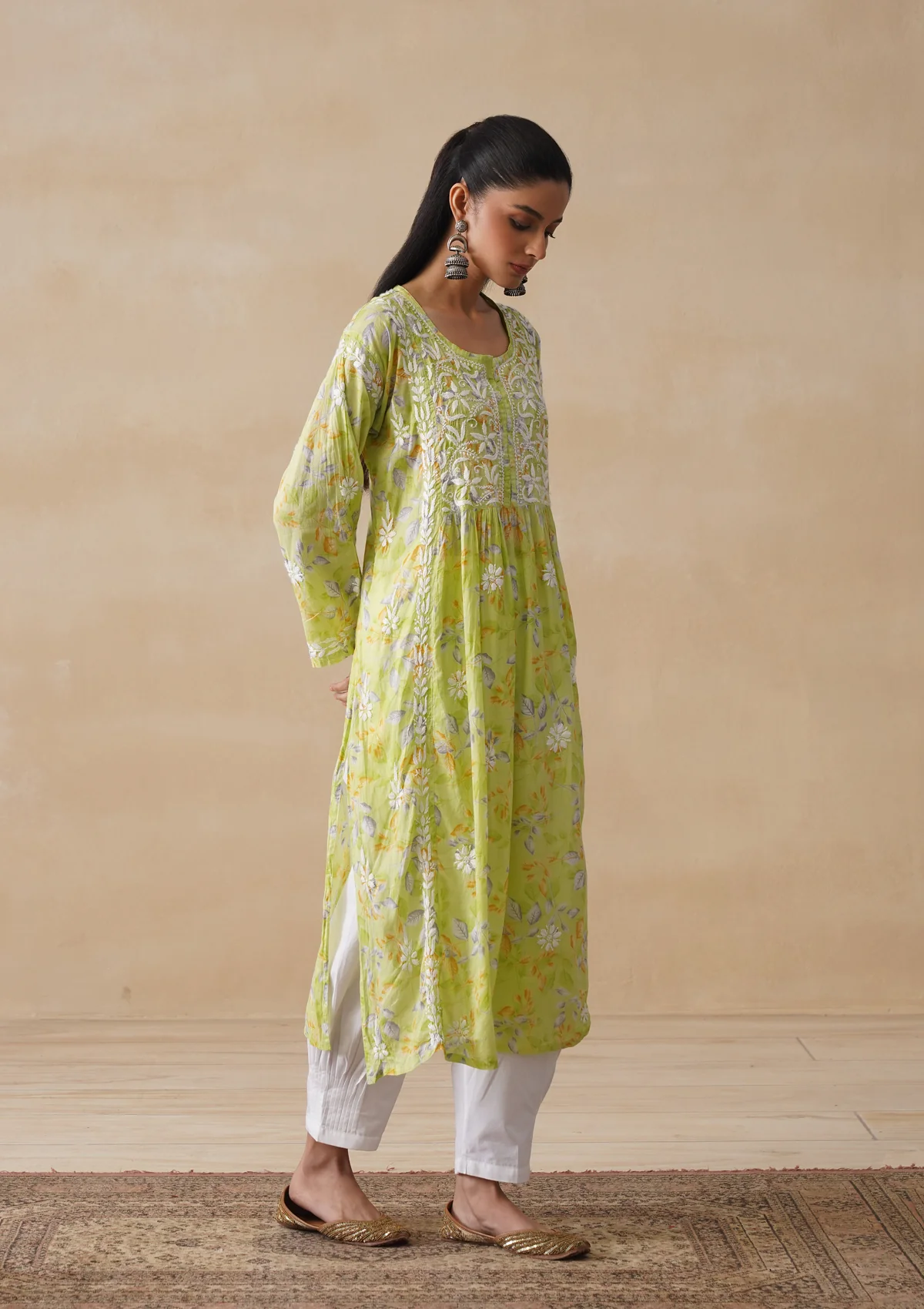 HOC Mulmul Chikankari Printed Women's Long Kurta - Light Green - Image 7