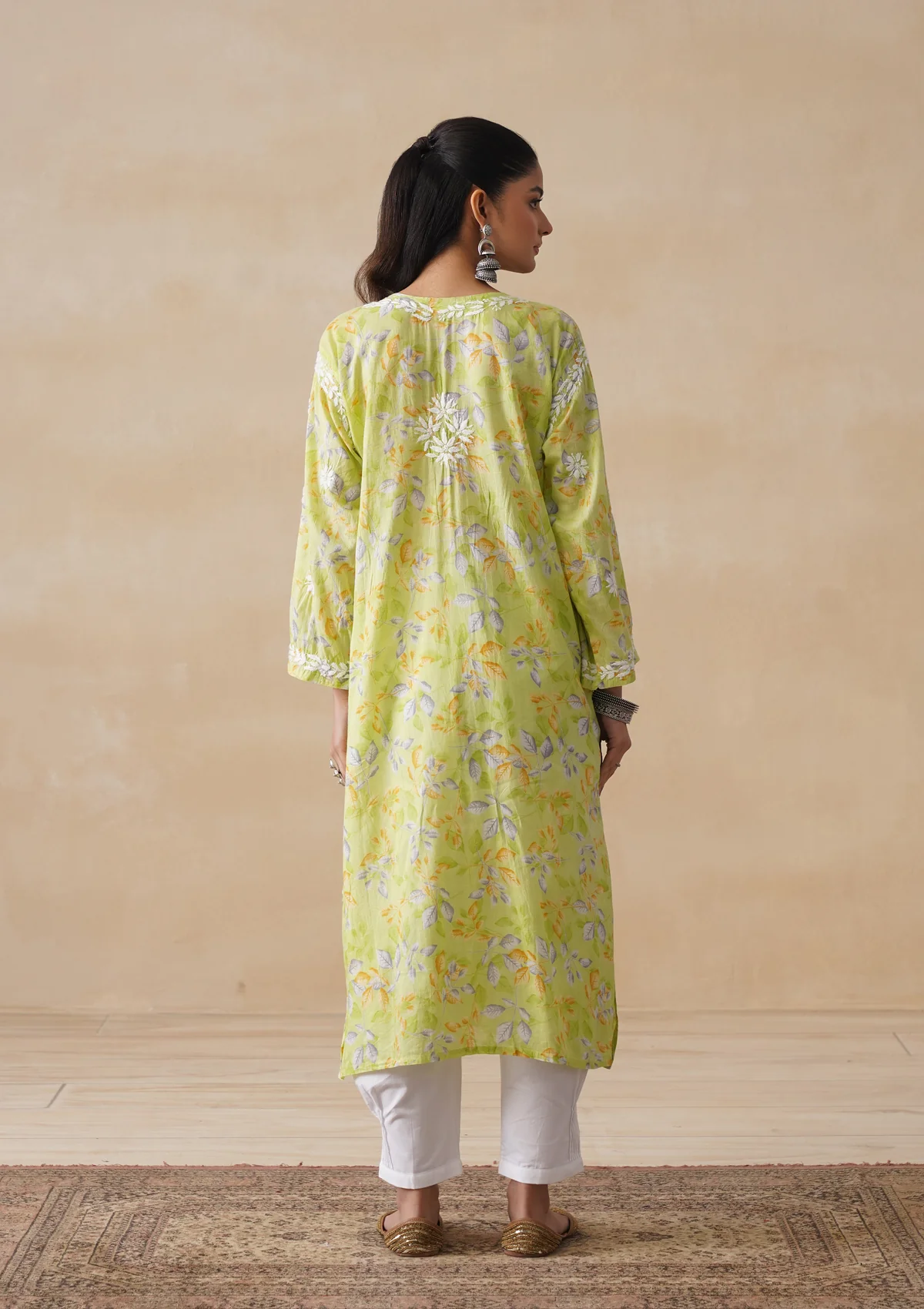 HOC Mulmul Chikankari Printed Women's Long Kurta - Light Green - Image 9
