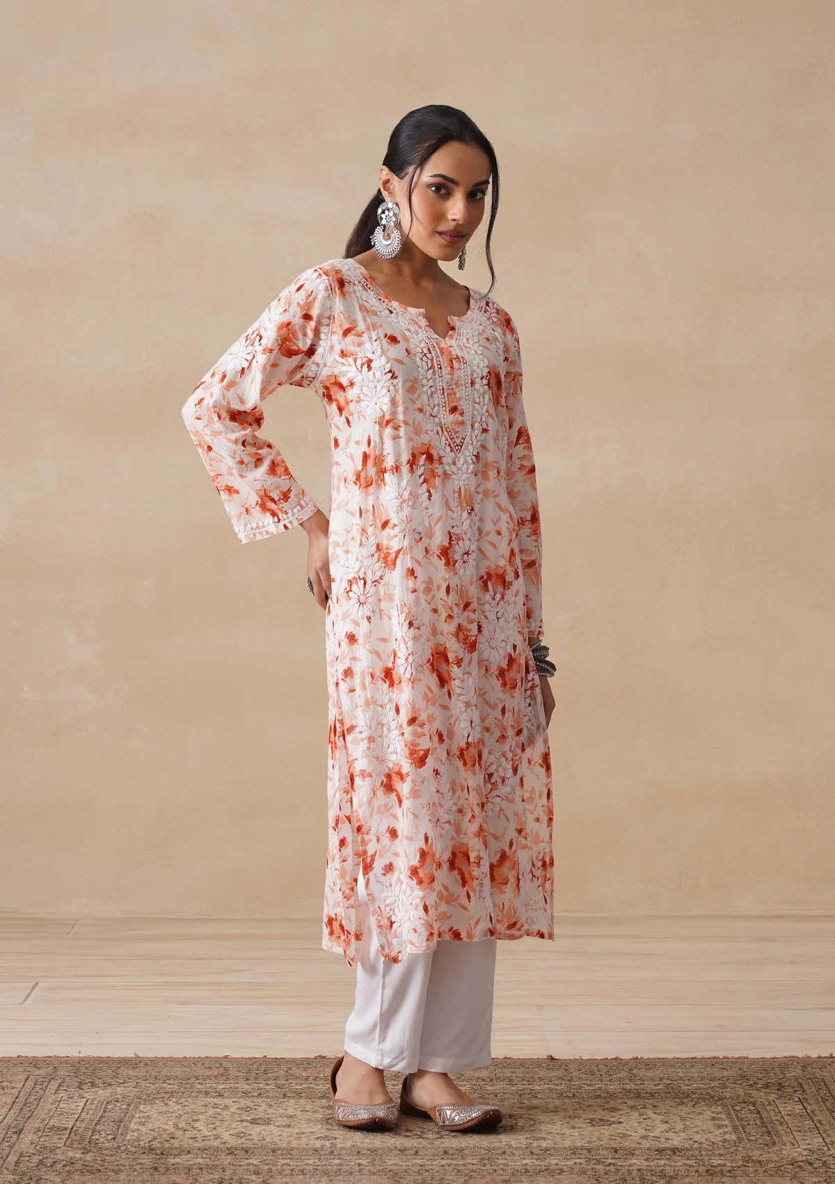 HOC Mulmul Chikankari Printed Women's Long Kurta - Orange - Image 3