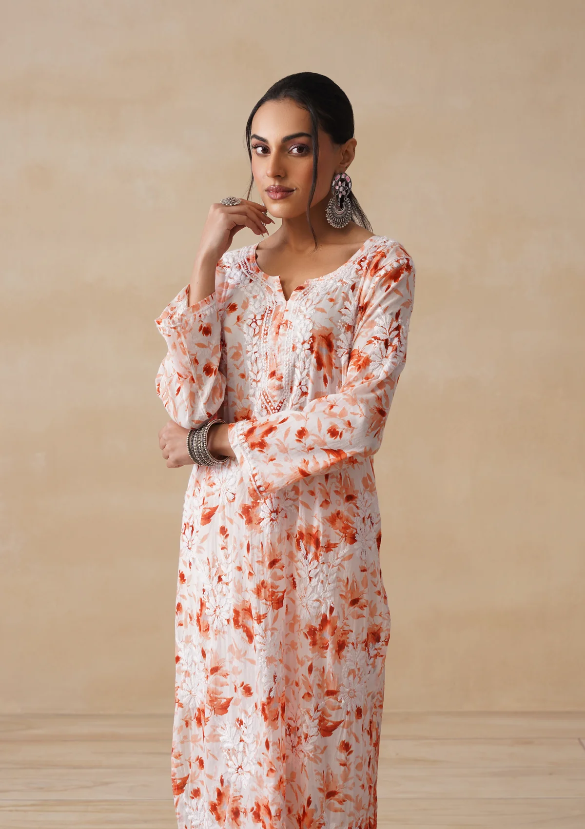 HOC Mulmul Chikankari Printed Women's Long Kurta - Orange - Image 4