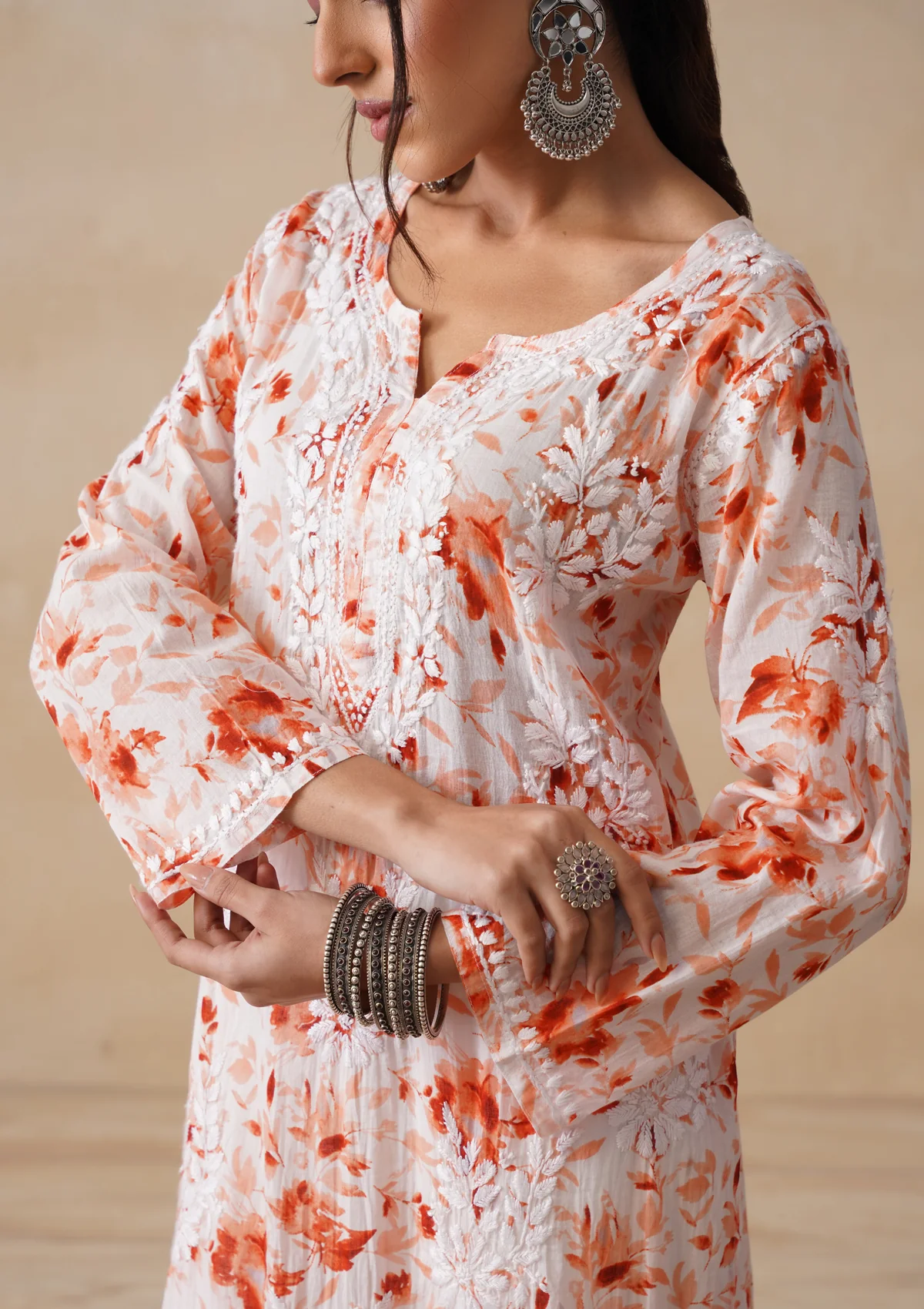 HOC Mulmul Chikankari Printed Women's Long Kurta - Orange - Image 5