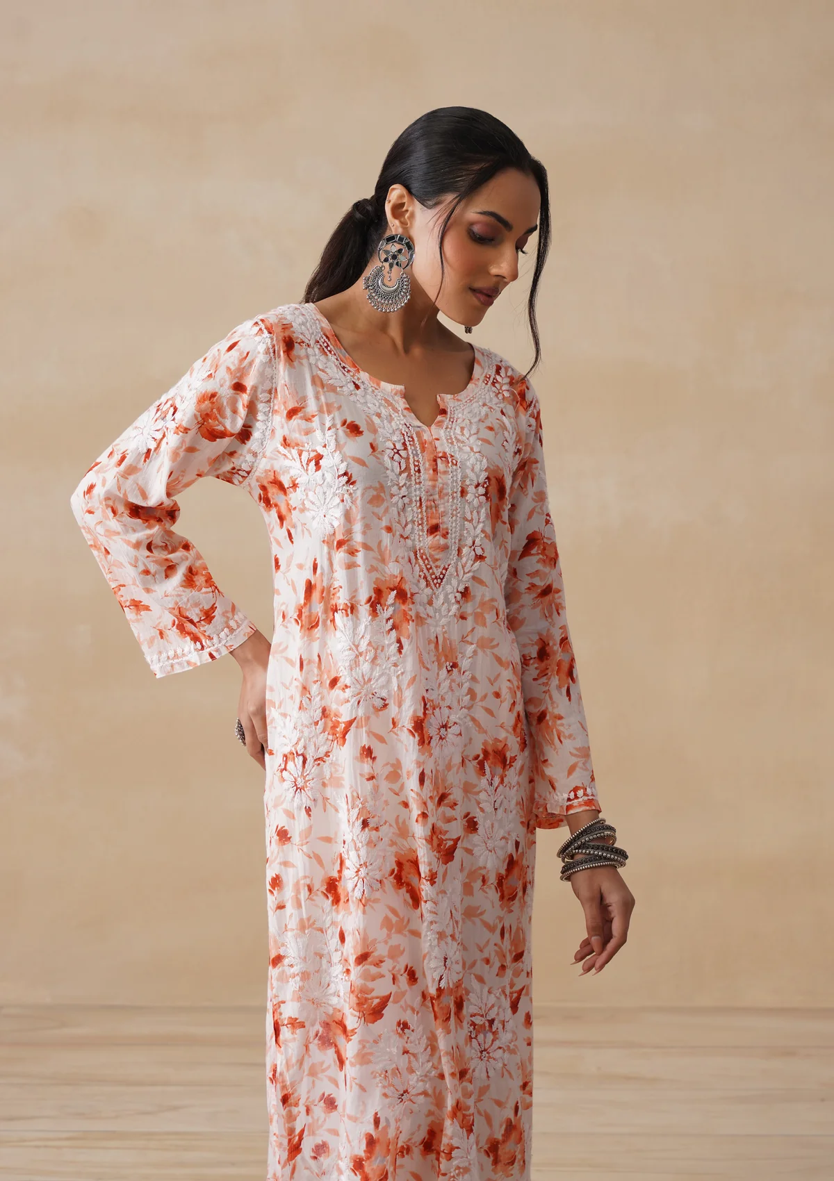HOC Mulmul Chikankari Printed Women's Long Kurta - Orange - Image 6