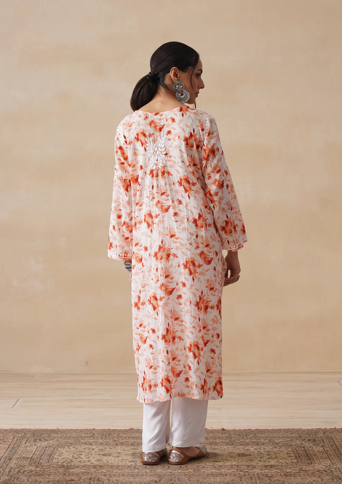 HOC Mulmul Chikankari Printed Women's Long Kurta - Orange - Image 8