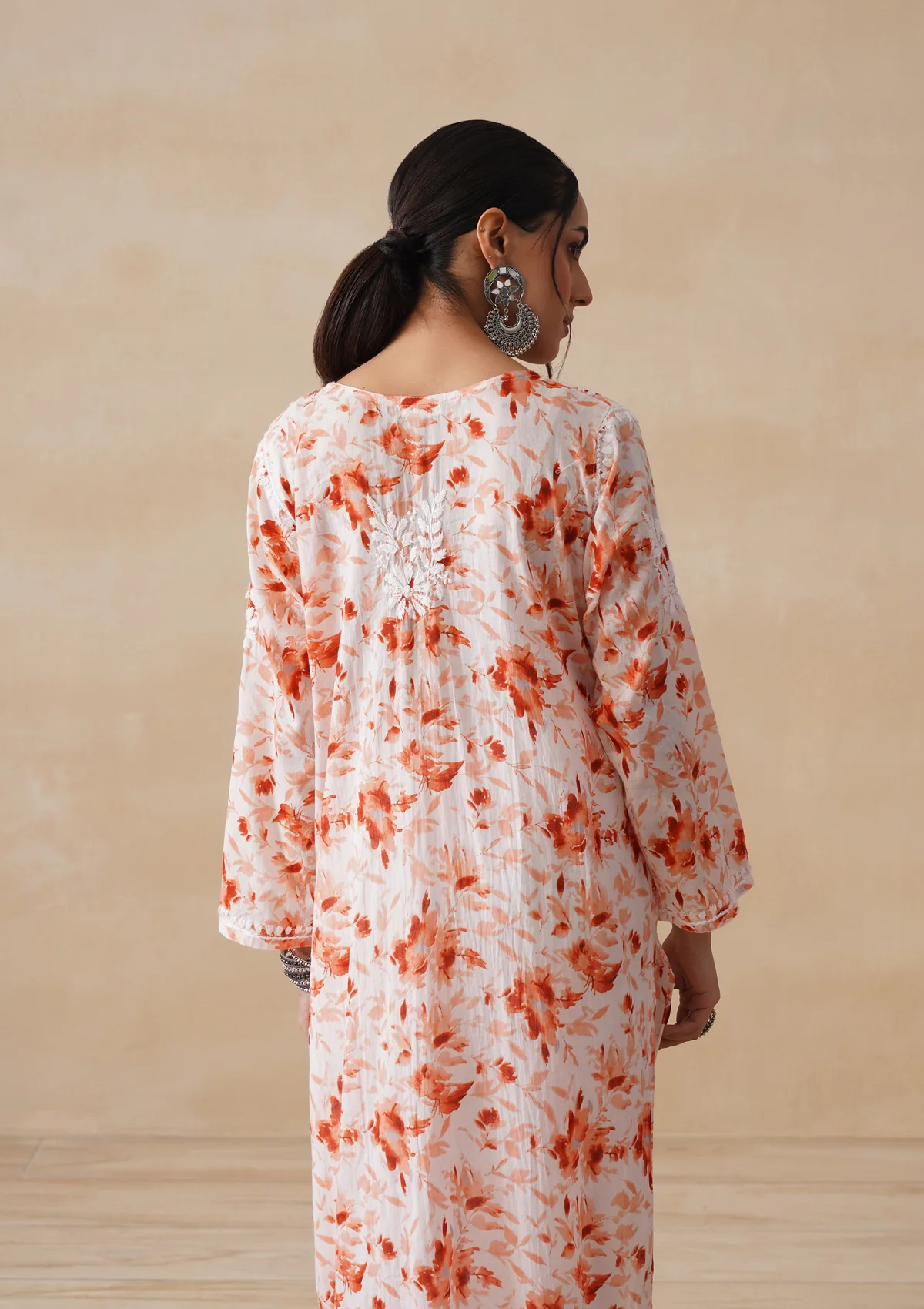 HOC Mulmul Chikankari Printed Women's Long Kurta - Orange - Image 9