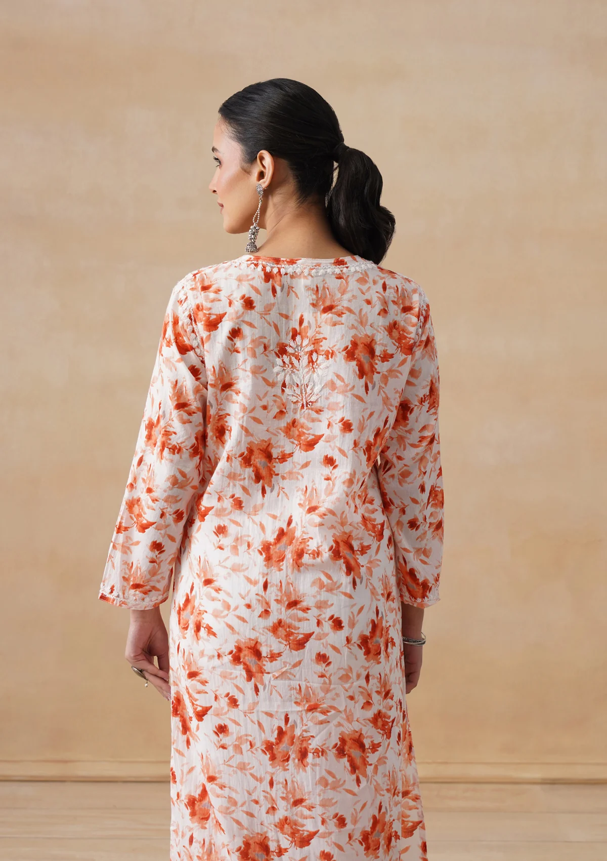 HOC Mulmul Chikankari Printed Women's Long Kurta - Orange - Image 12