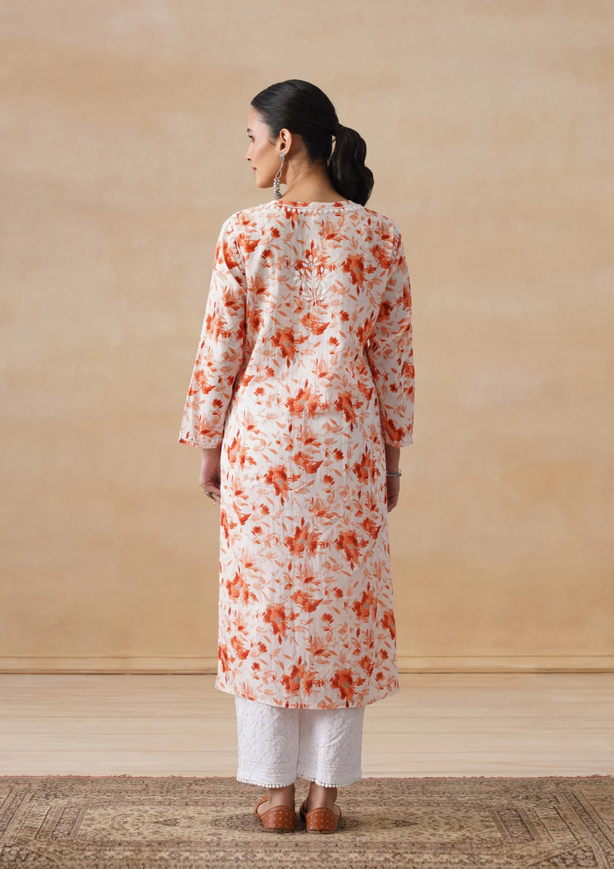 HOC Mulmul Chikankari Printed Women's Long Kurta - Orange - Image 13