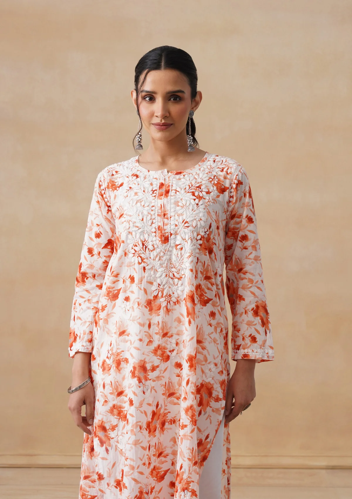 HOC Mulmul Chikankari Printed Women's Long Kurta - Orange - Image 7