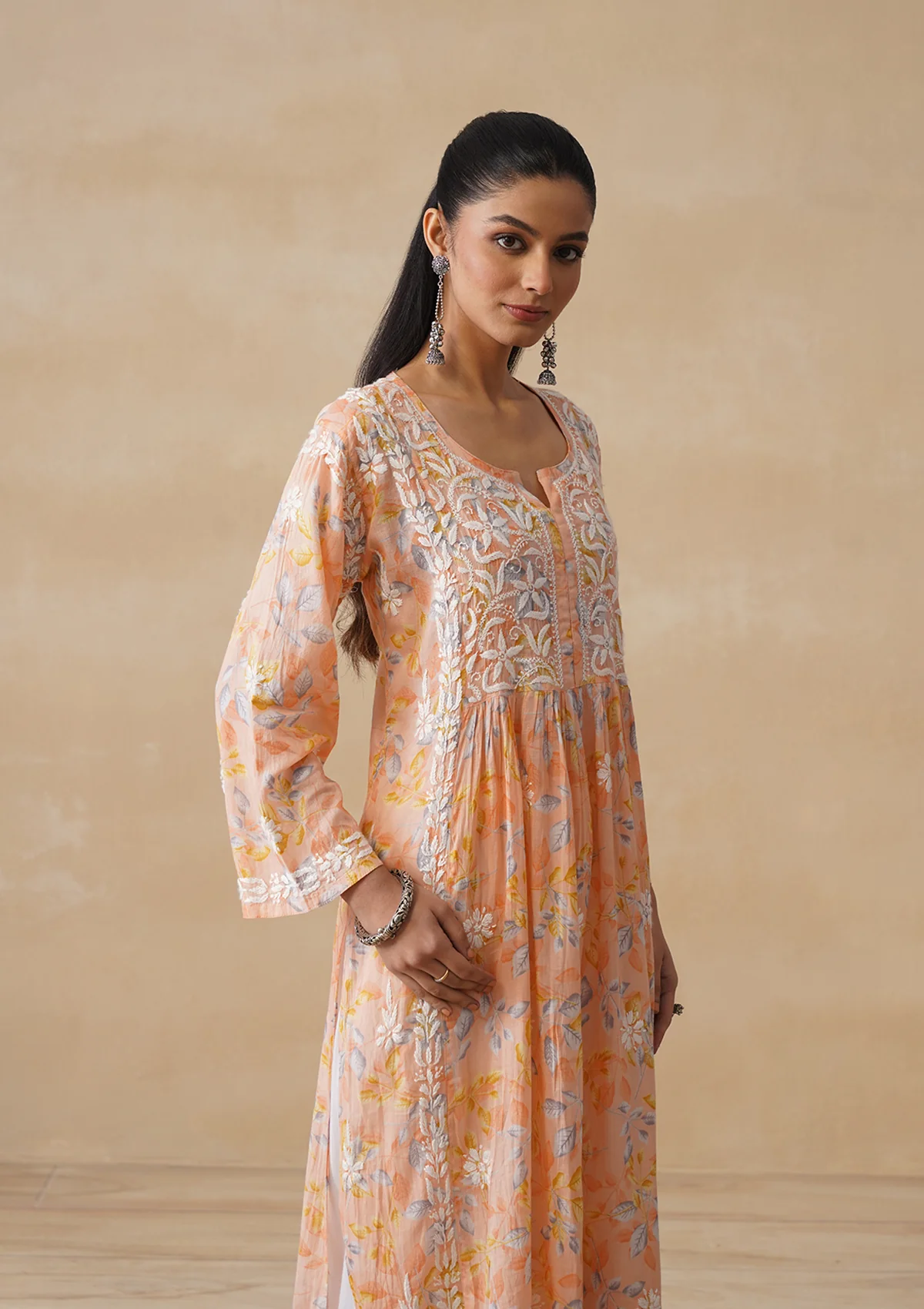 HOC Mulmul Chikankari Printed Women's Long Kurta - Orange - Image 3