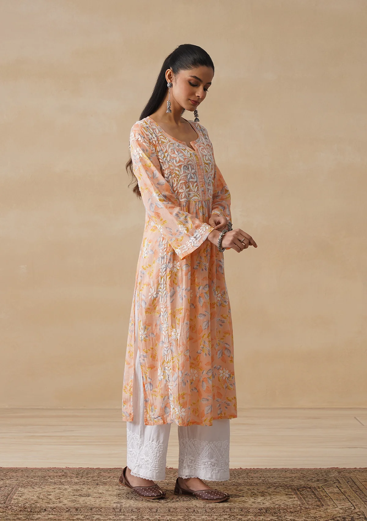 HOC Mulmul Chikankari Printed Women's Long Kurta - Orange - Image 4