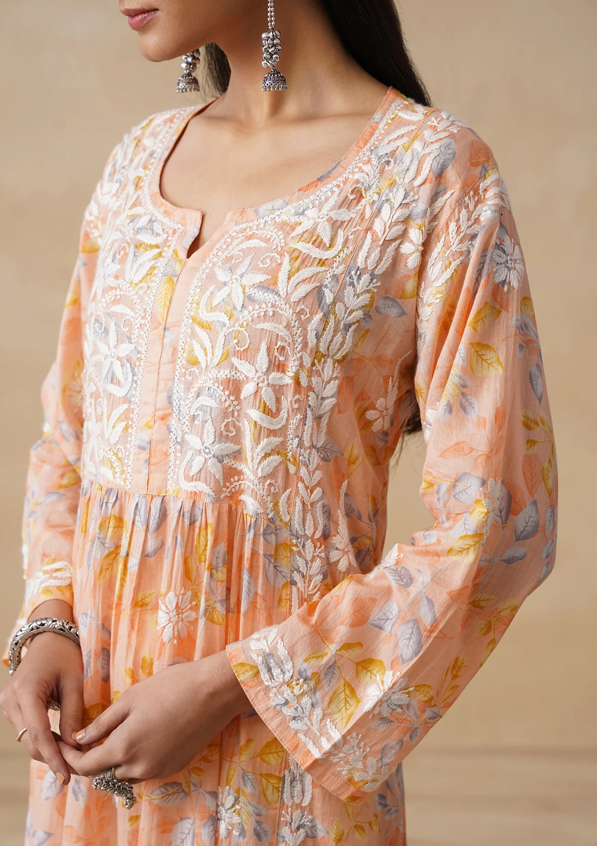 HOC Mulmul Chikankari Printed Women's Long Kurta - Orange - Image 5