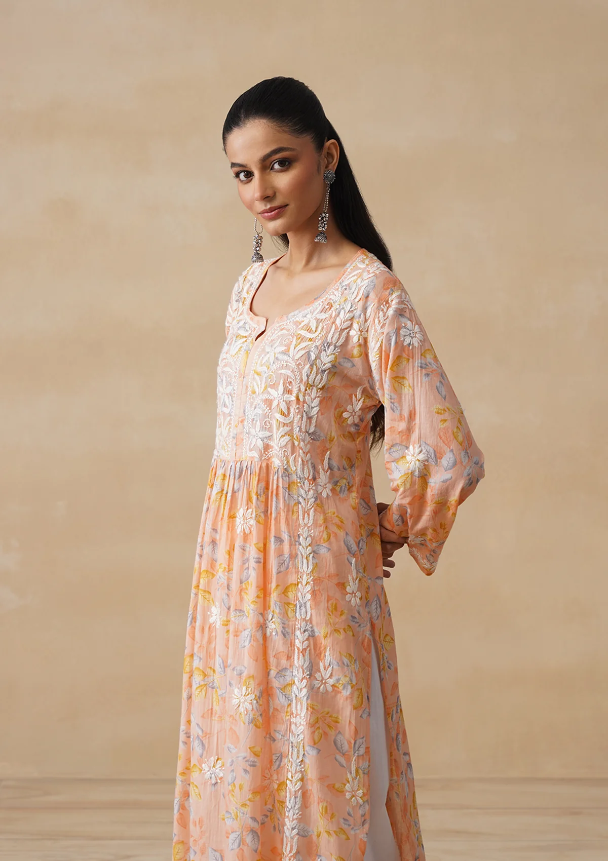 HOC Mulmul Chikankari Printed Women's Long Kurta - Orange - Image 7
