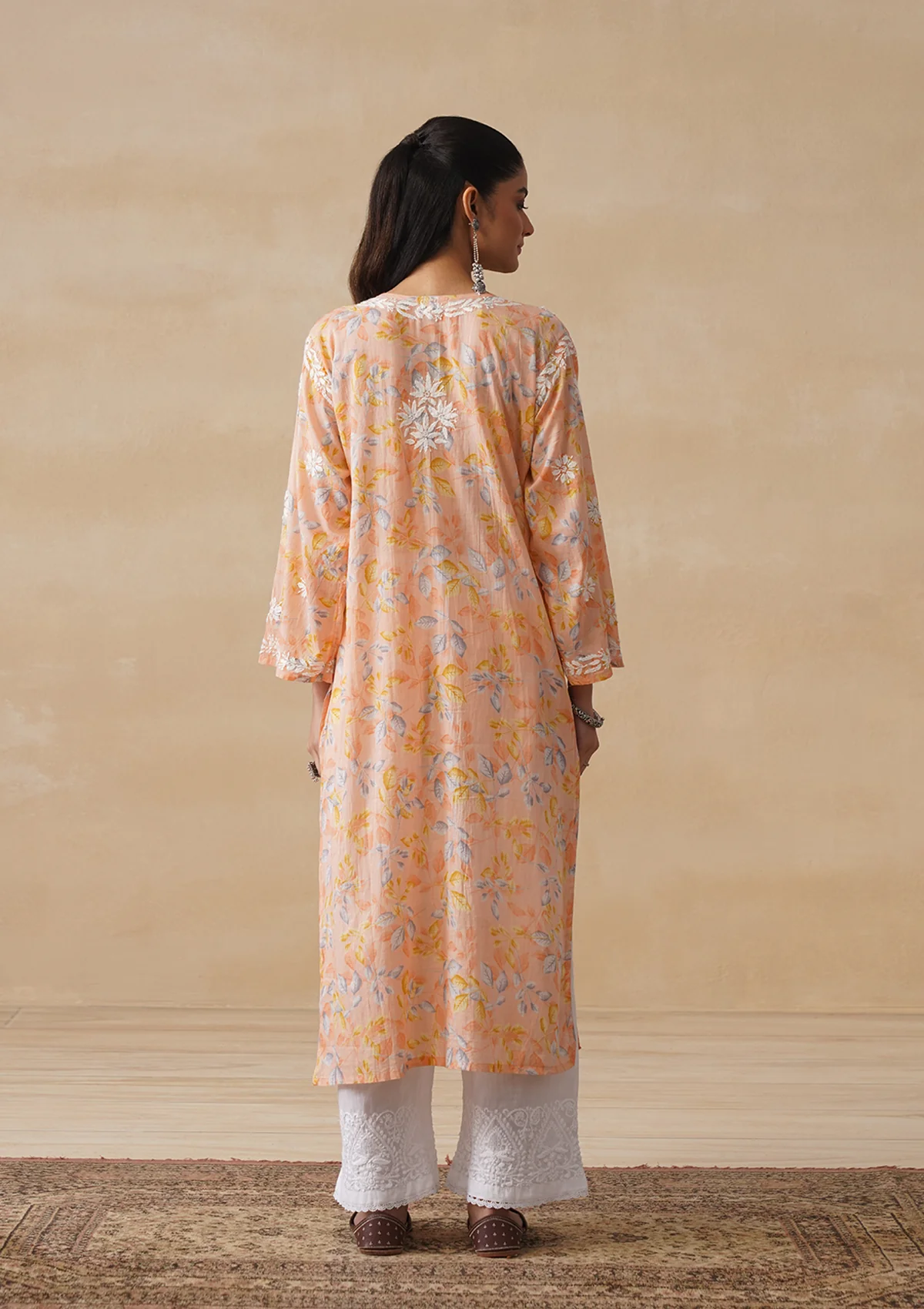 HOC Mulmul Chikankari Printed Women's Long Kurta - Orange - Image 9