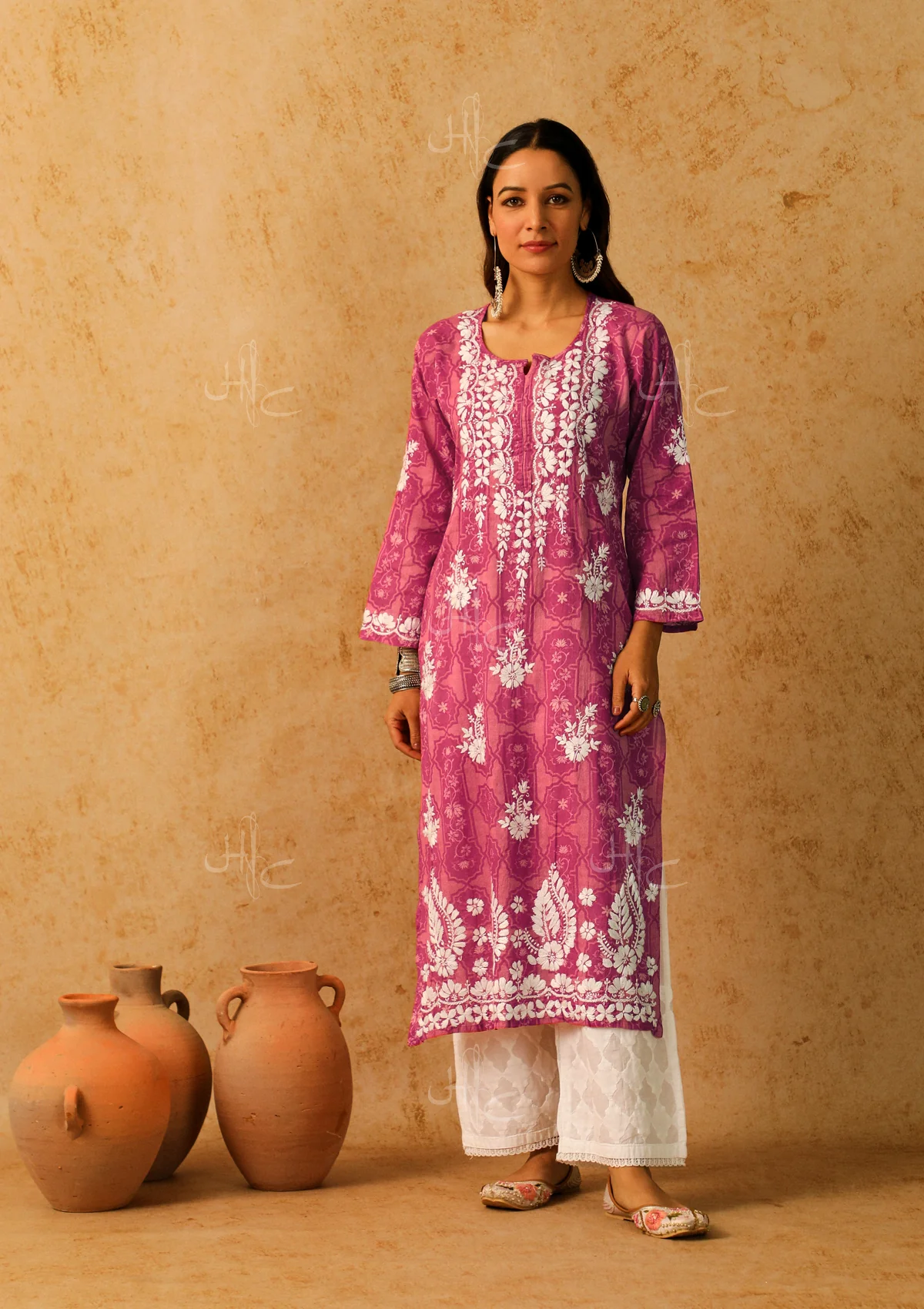 HOC Mulmul Chikankari Printed Women's Long Kurta - Pink - Image 3