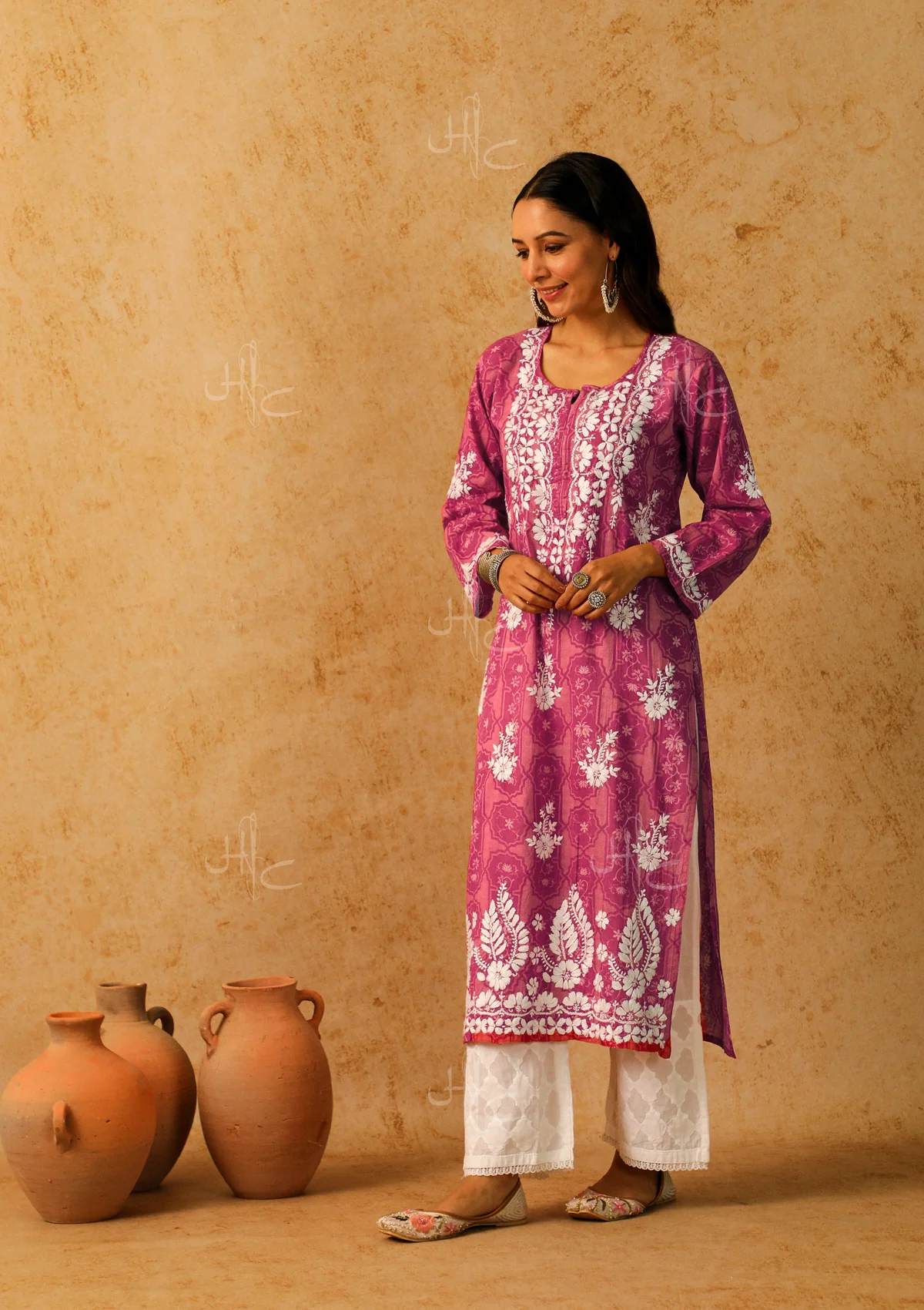 HOC Mulmul Chikankari Printed Women's Long Kurta - Pink - Image 5