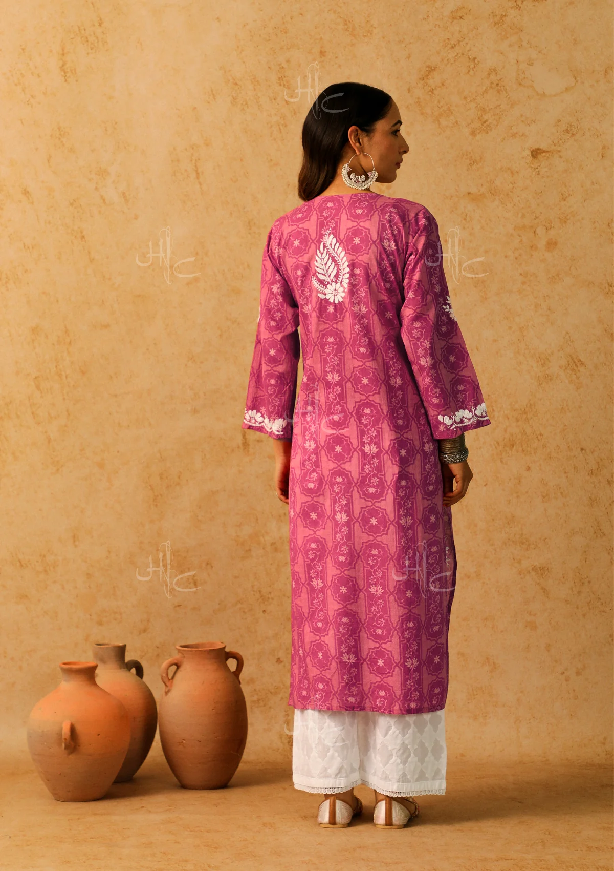 HOC Mulmul Chikankari Printed Women's Long Kurta - Pink - Image 6