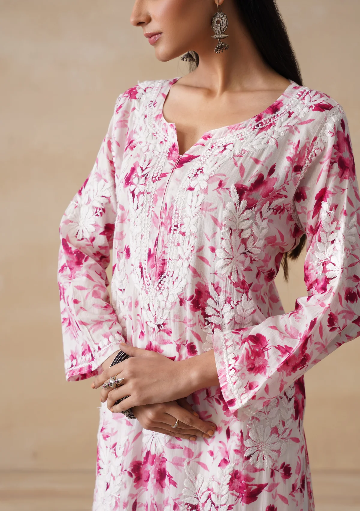 HOC Mulmul Chikankari Printed Women's Long Kurta - Pink - Image 4