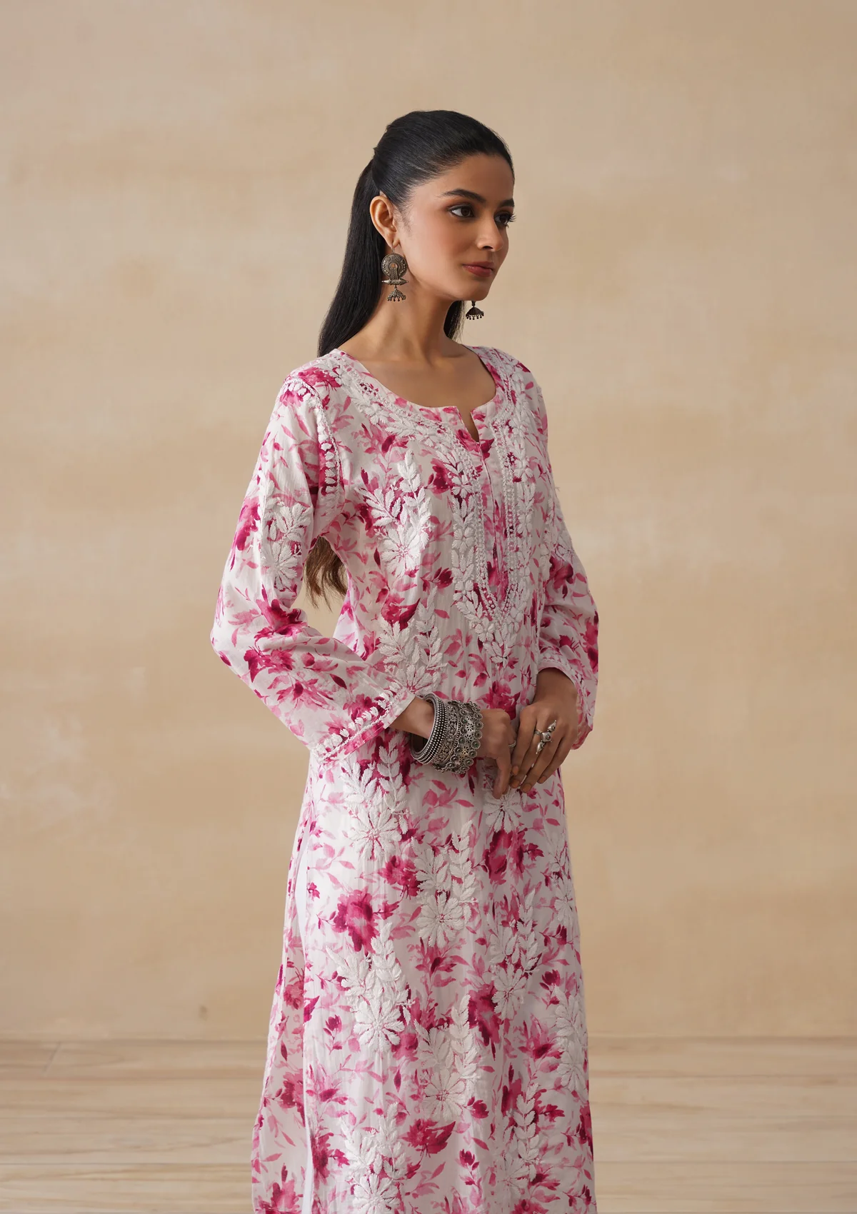 HOC Mulmul Chikankari Printed Women's Long Kurta - Pink - Image 5