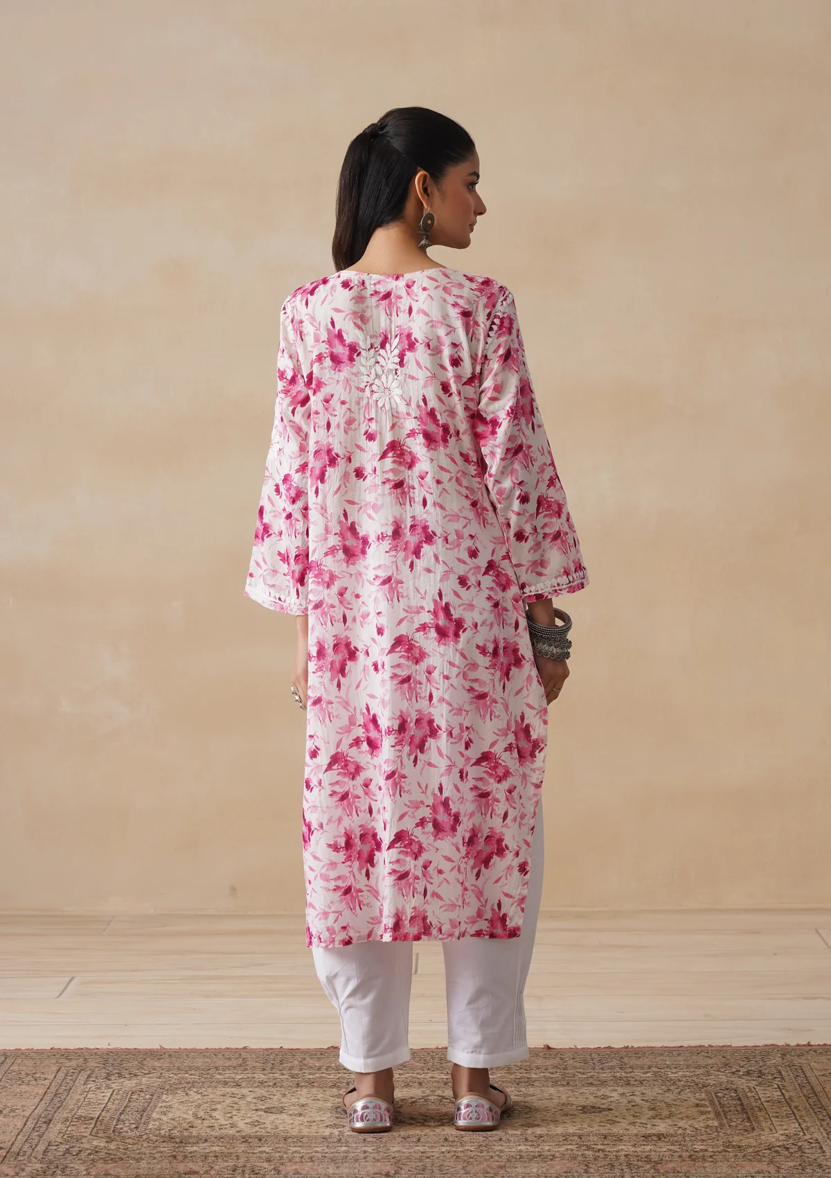 HOC Mulmul Chikankari Printed Women's Long Kurta - Pink - Image 7