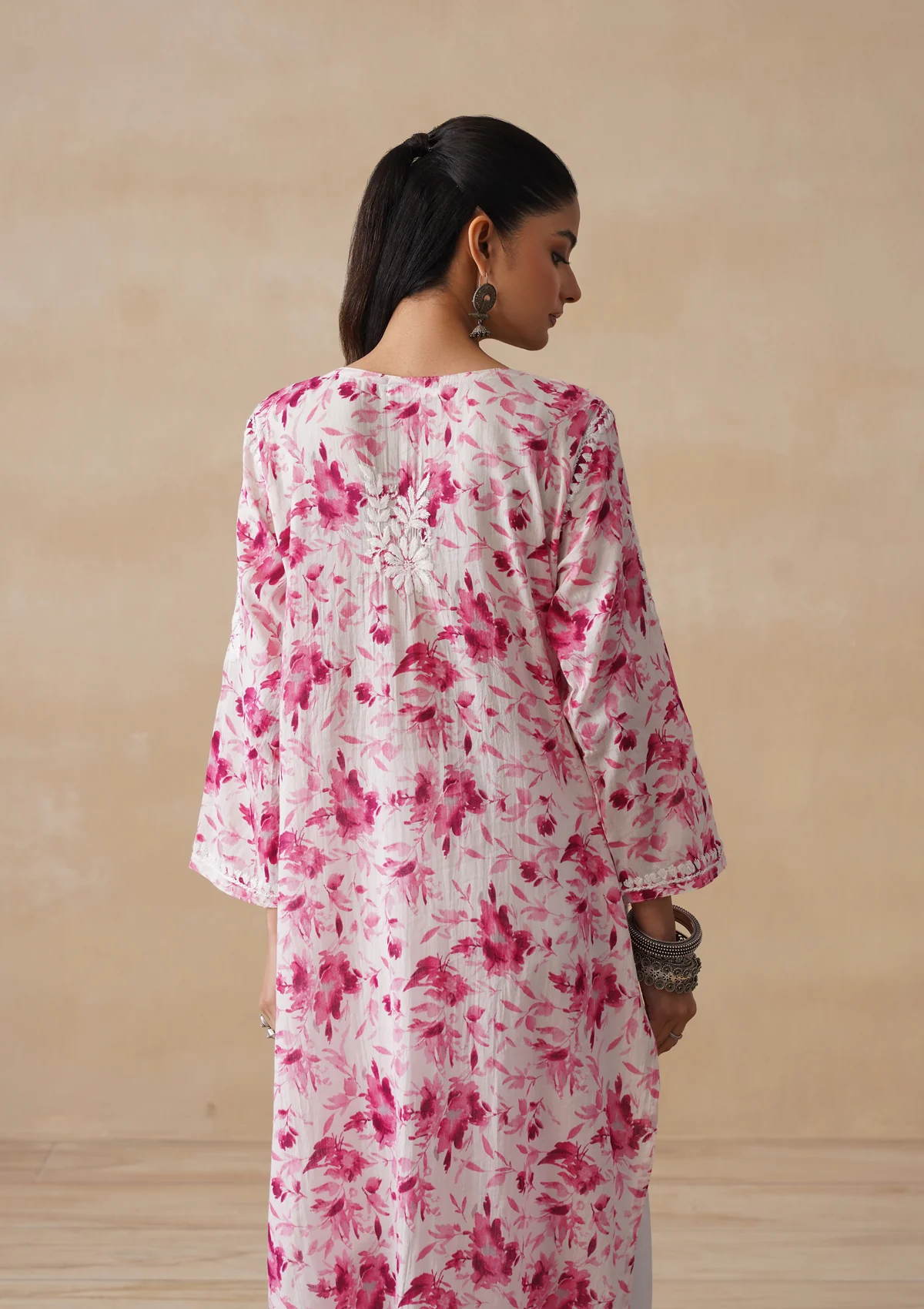 HOC Mulmul Chikankari Printed Women's Long Kurta - Pink - Image 8